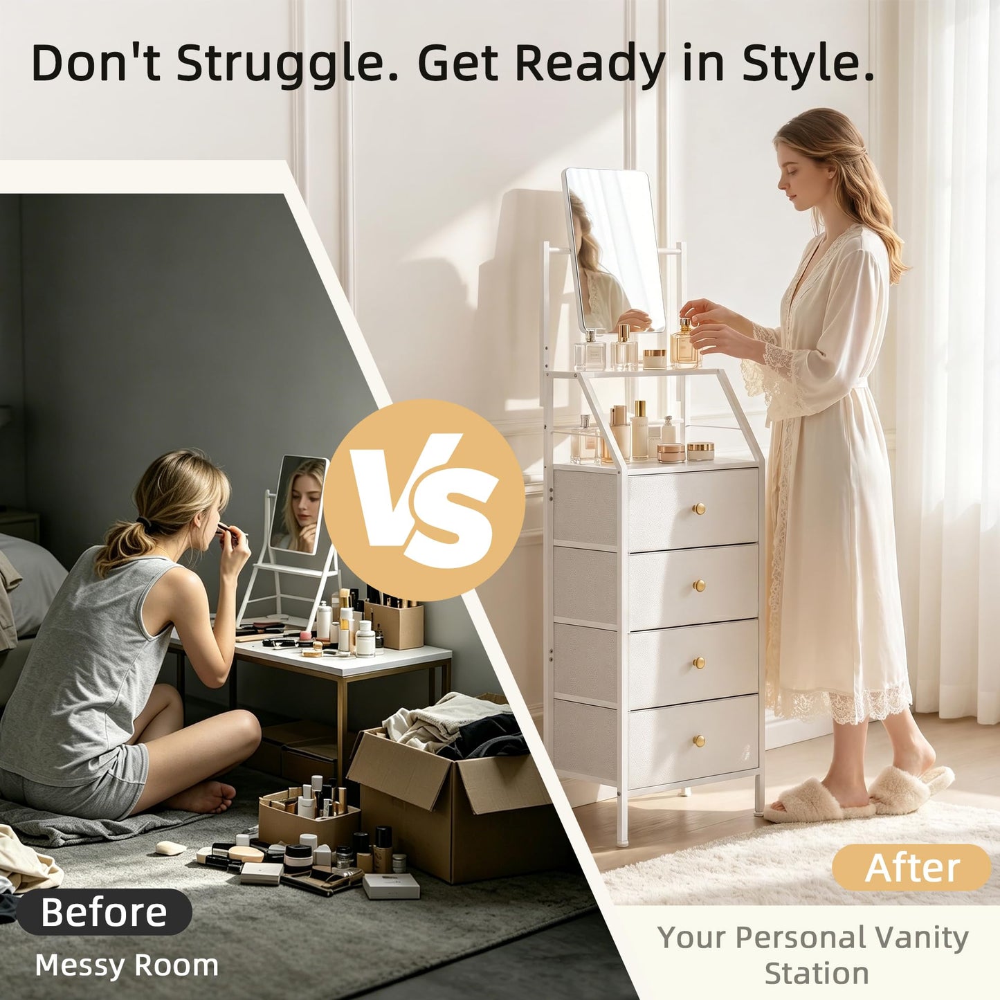 HIGDBFE 4-Drawer Dresser with Mirror, Vanity with 2-Tier Shelves, Fabric Chest of Drawers for Small Space, Vertical Storage Cabinet for Bedroom, Nightstand Bedside Table Furniture, White, 15.3" W