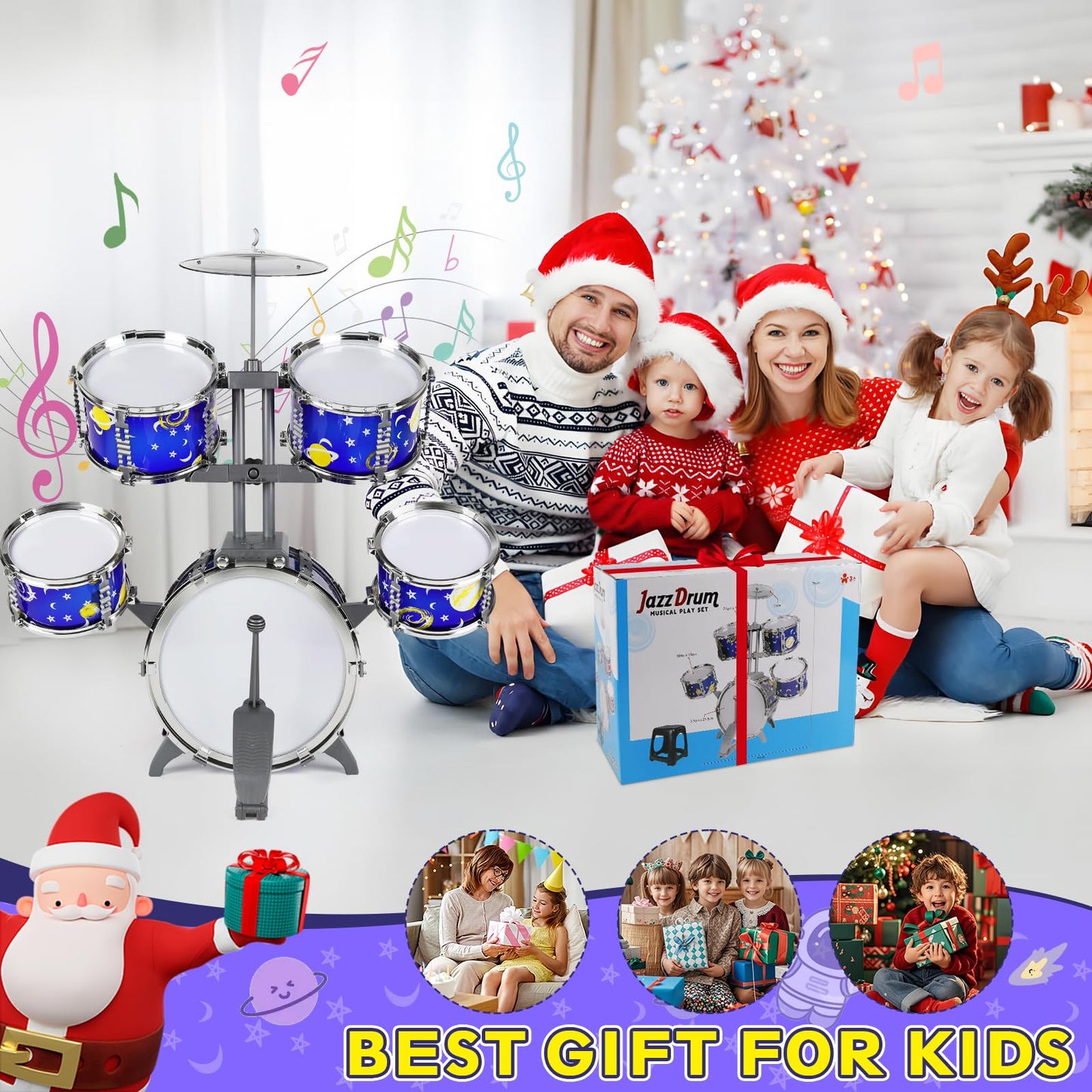 M SANMERSEN Upgraded Kids Jazz Drum Set Toddler Toy Drum Set with Stool, Plastic Rock Jazz Drum Kit Musical Toys Gift for Boys Girls 1-3 3-5