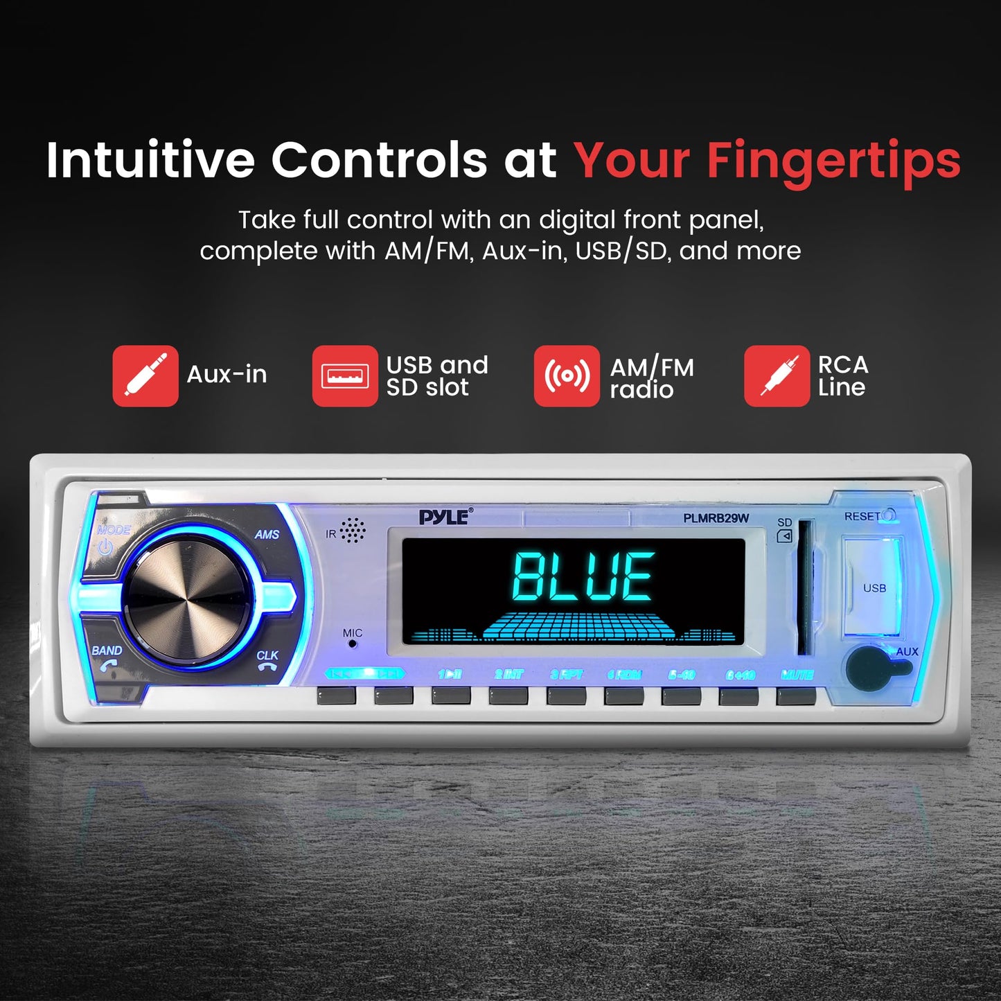 Pyle Marine Bluetooth Stereo Radio - 12v Single DIN Style Boat In dash Radio Receiver System with Built-in Mic, Digital LCD, RCA, MP3, USB, SD, AM FM Radio - Remote Control - PLMRB29W (White)