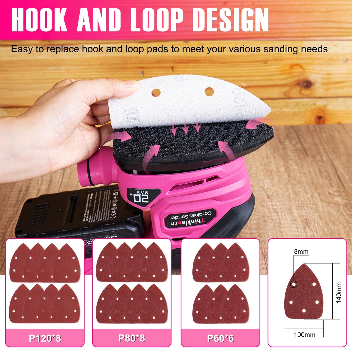 Cordless Detail Sander - 20V Electric Hand Sander with 22Pcs Sandpapers, 12000 RPM Mouse Sander with Dust Bag, Compact Palm Sander Tool for Woodworking, 2.0Ah Battery and Charger Included
