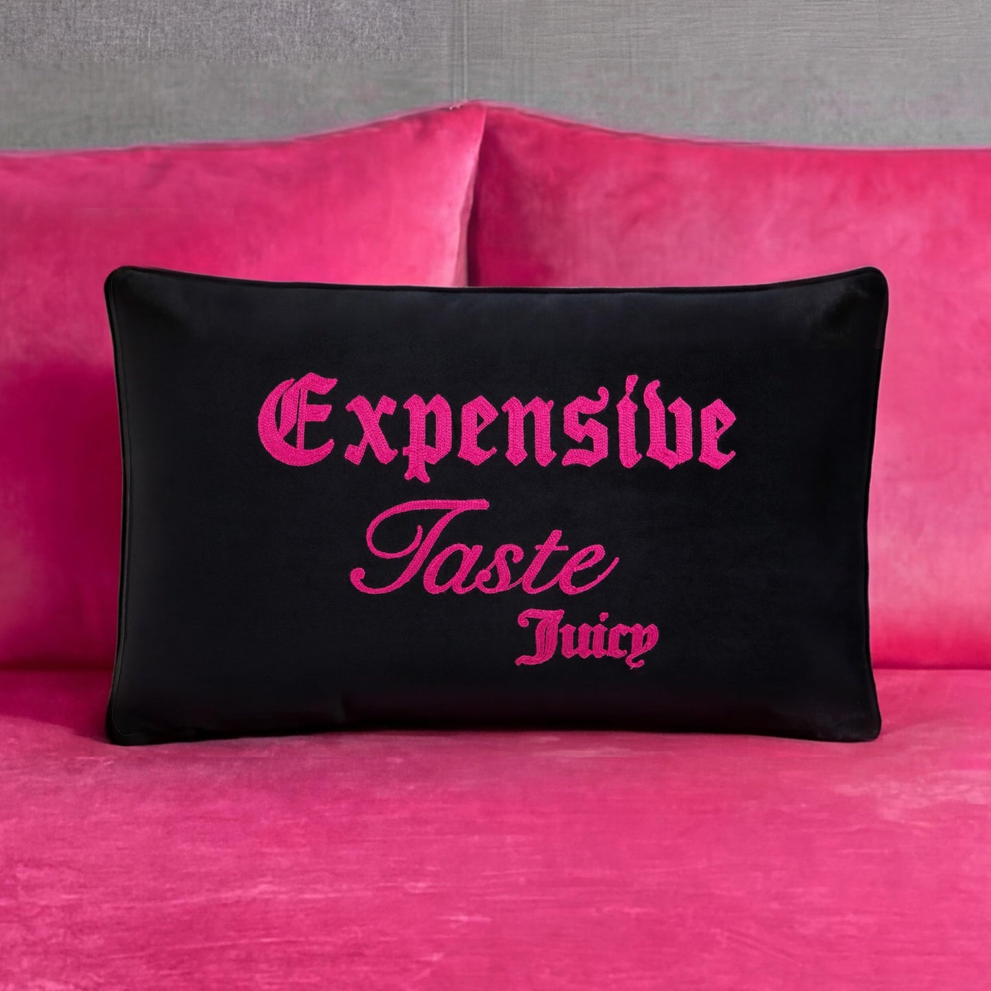 Juicy Couture High Maintenance/Expensive Taste Reversible 14" x 24" Decorative Pillow, Hot Pink/Black