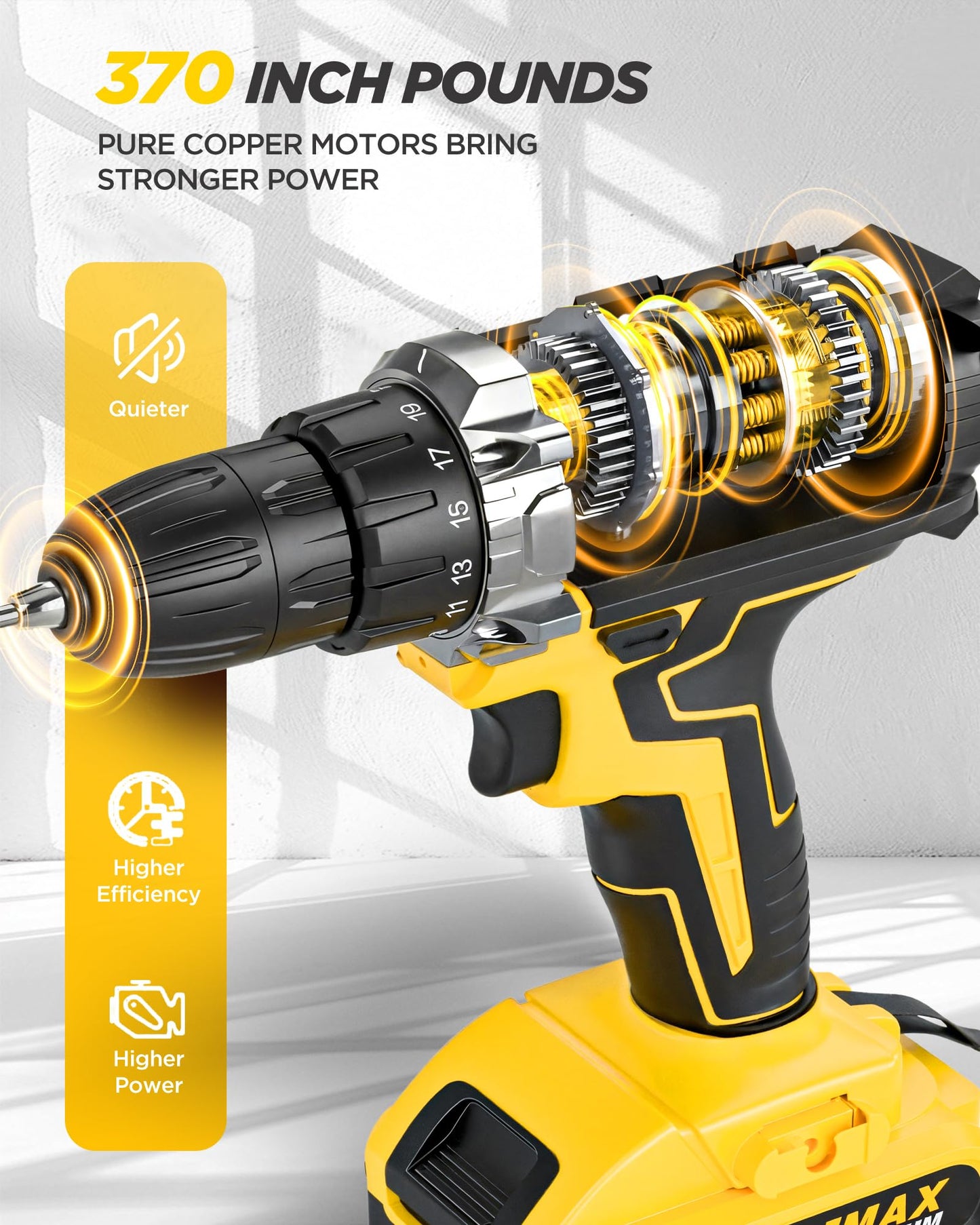 Drill, 21V Cordless Drill with Dual 2.0Ah Power Pack, Electric Drills 3/8 Inch Chuck 370 In-lbs, 25+1 Torque Power Combi Screwdriver Set with Power Pack and Charger, 2 Speed LED Light 29 Accessories