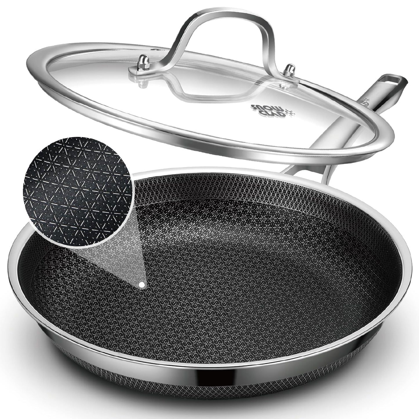 SNOWCLAD Hybrid Nonstick Stainless Steel Frying Pan with Lid, 12-Inch, PFOA-Free Non-Toxic Skillet, Induction Compatible, Dishwasher, Oven & Broiler Safe