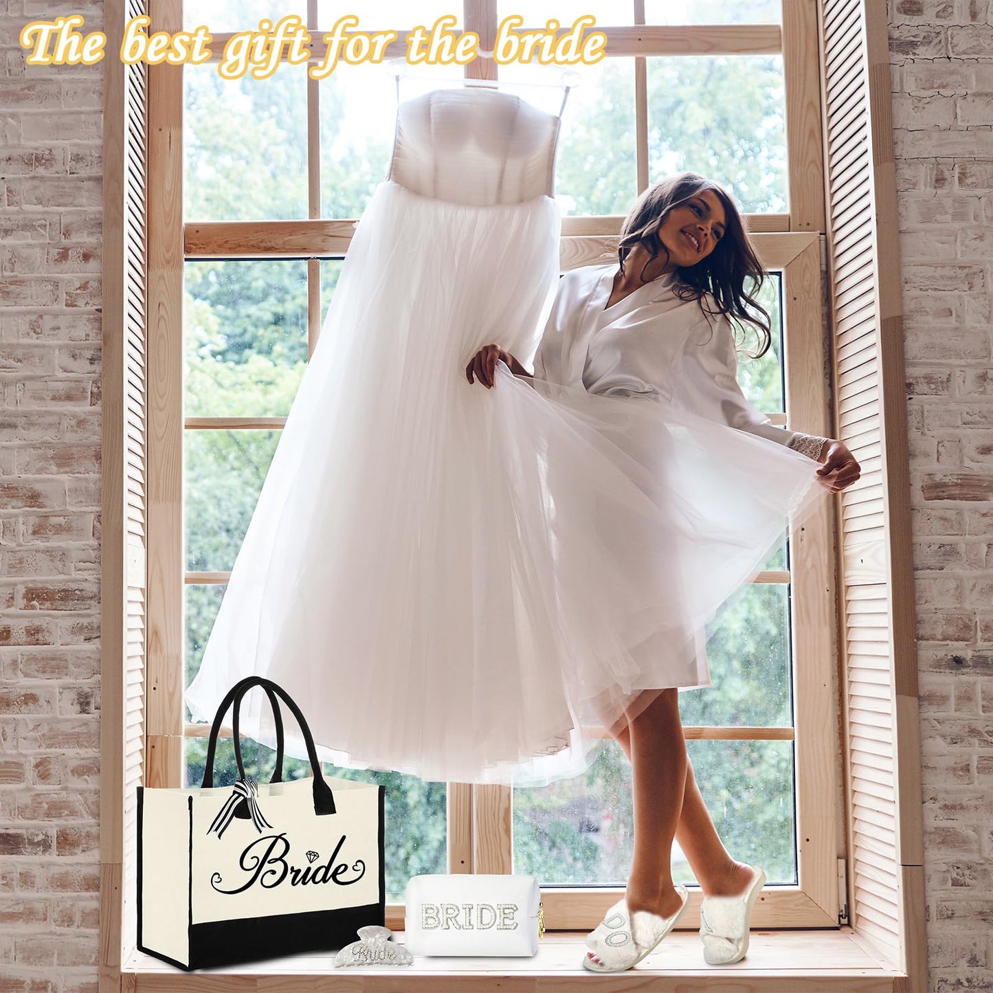 Tkifoda Bride to Be Gifts - Bridal Shower & Wedding Gifts: Bride Tote Bag, Makeup Bag, Robe, Slippers, Hair Clip, I Do Slippers, Wedding Robe, Cosmetic Bag