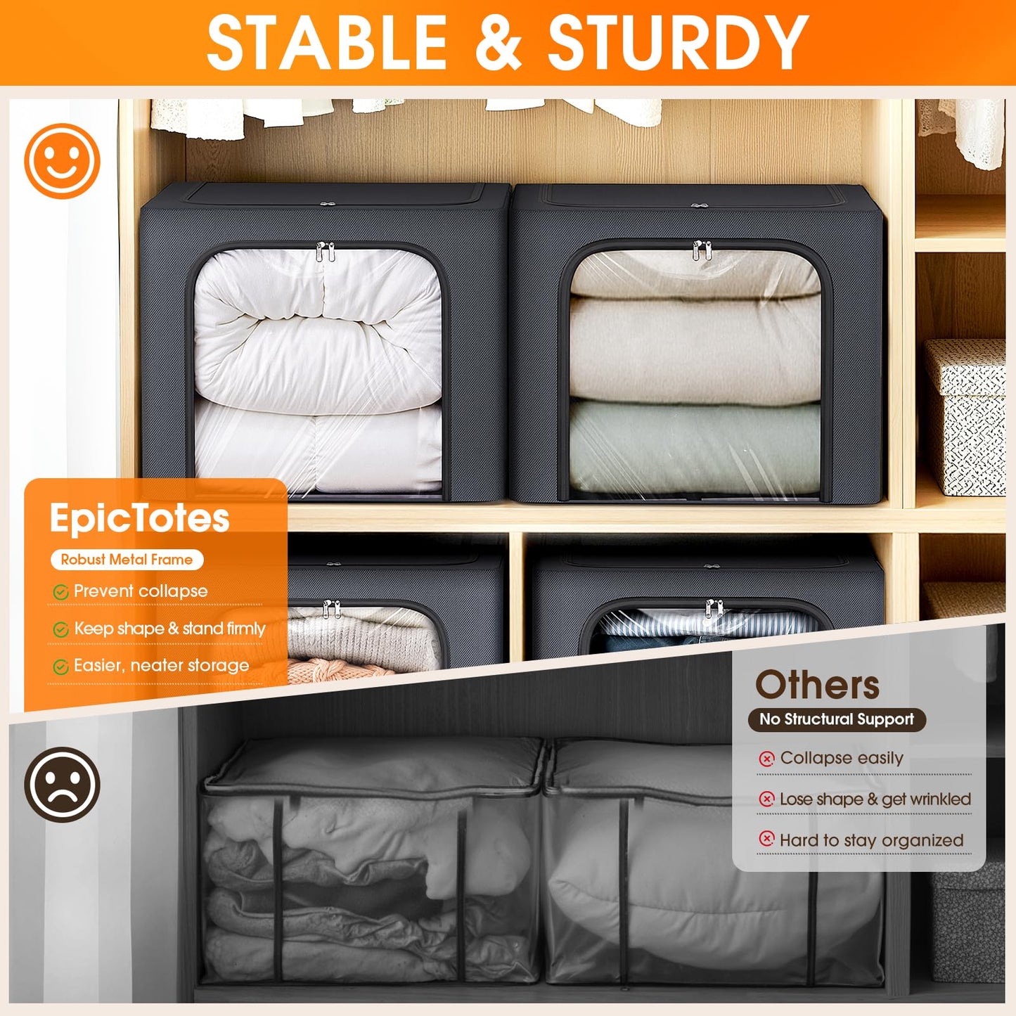 EpicTotes 6 Pack Clothes Storage Bins with Metal Frame,40L Storage Bags Fabric Box Organizer with Clear Window,Zippers,Sturdy Handles(6 Pcs,Light Grey,40L)
