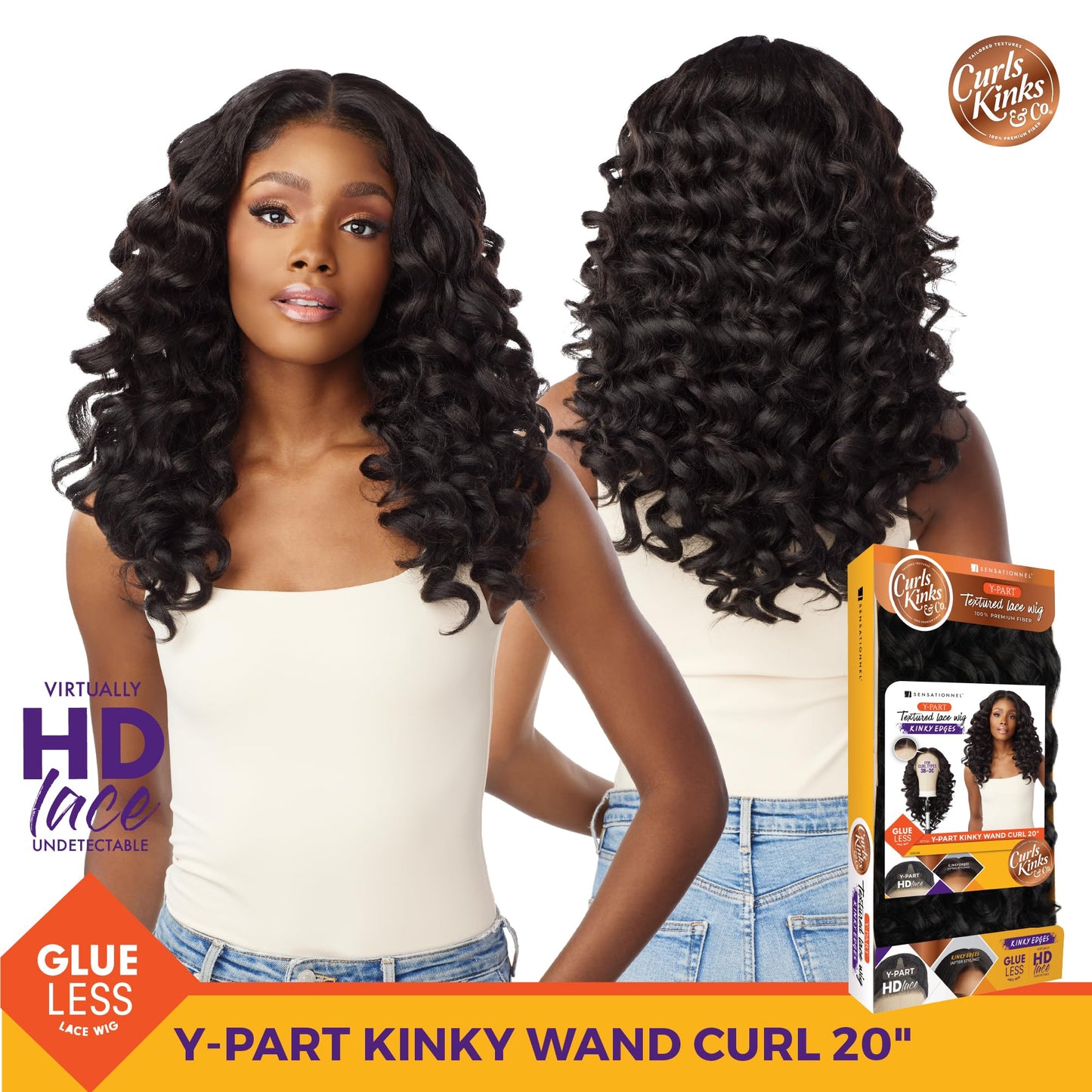 Sensationnel Curls kinksandco kinkyedges wig - kinky wand curl 20 inch y part lace natural kinkytexture edged hairline for natural 3c to 4c hair textures (2 DARKBROWN)