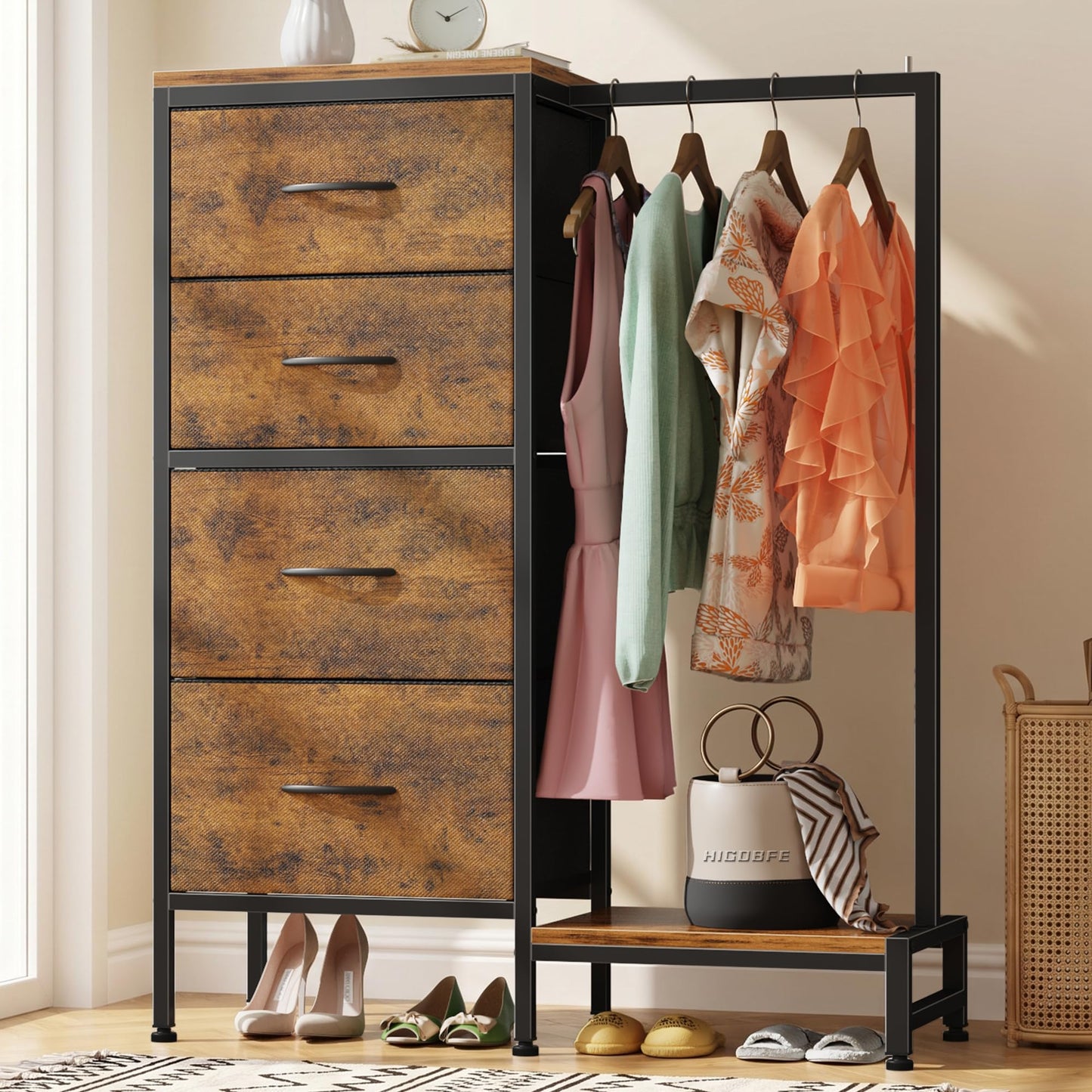 HIGDBFE Dresser with Hanging Rack, 4 Drawers Small Closet for Bedroom, Reversible Fabric Kids Chest of Drawers with Clothes Rack, Tall Storage Tower, Sturdy Frame, Rustic Brown, 44''H