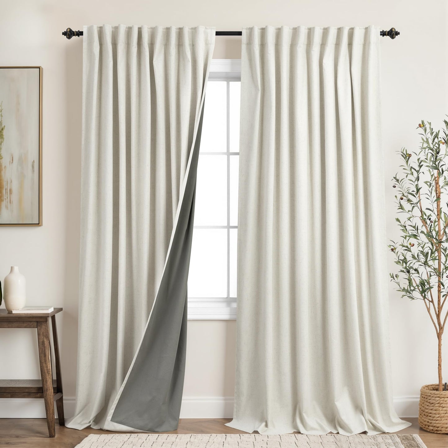 Extra Wide 70 Inch Linen Soundproof Blackout Thermal Curtains for Summer Heat, Noise Reducing Insulated Black Out Sliding Door Curtain for Bedroom 84 Inch Long,Living Room Drapes 84 Length 2 Panel Set