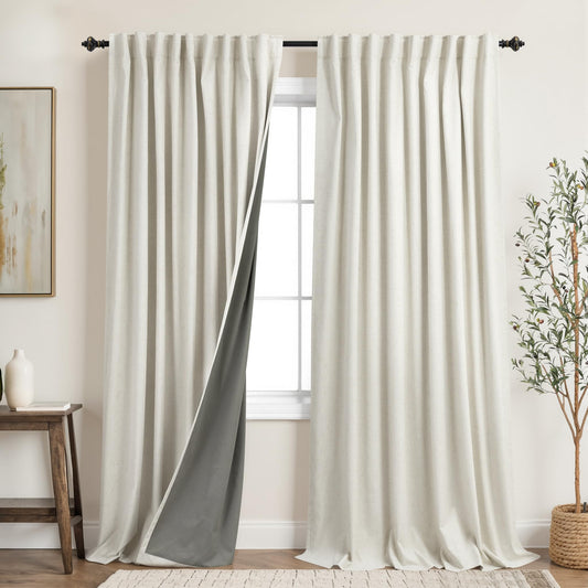 Extra Wide 70 Inch Linen Soundproof Blackout Thermal Curtains for Summer Heat, Noise Reducing Insulated Black Out Sliding Door Curtain for Bedroom 84 Inch Long,Living Room Drapes 84 Length 2 Panel Set