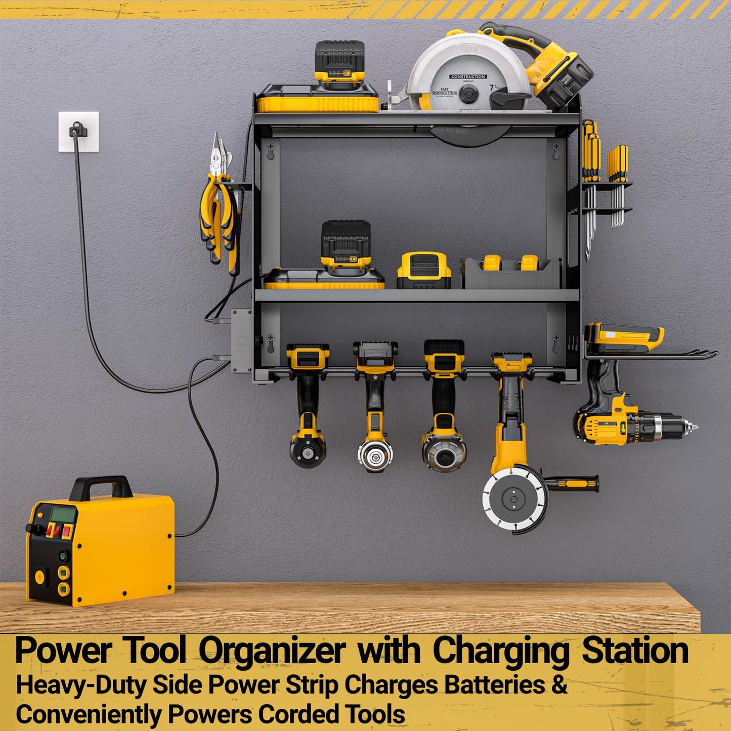 YYR Power Tool Organizer Wall Mount with Charging Station, Cordless Tools Hanger and Battery Storage Rack for Garage Organization, Heavy Duty Drill Holder Shelf Build in Metal Power Strip - Black