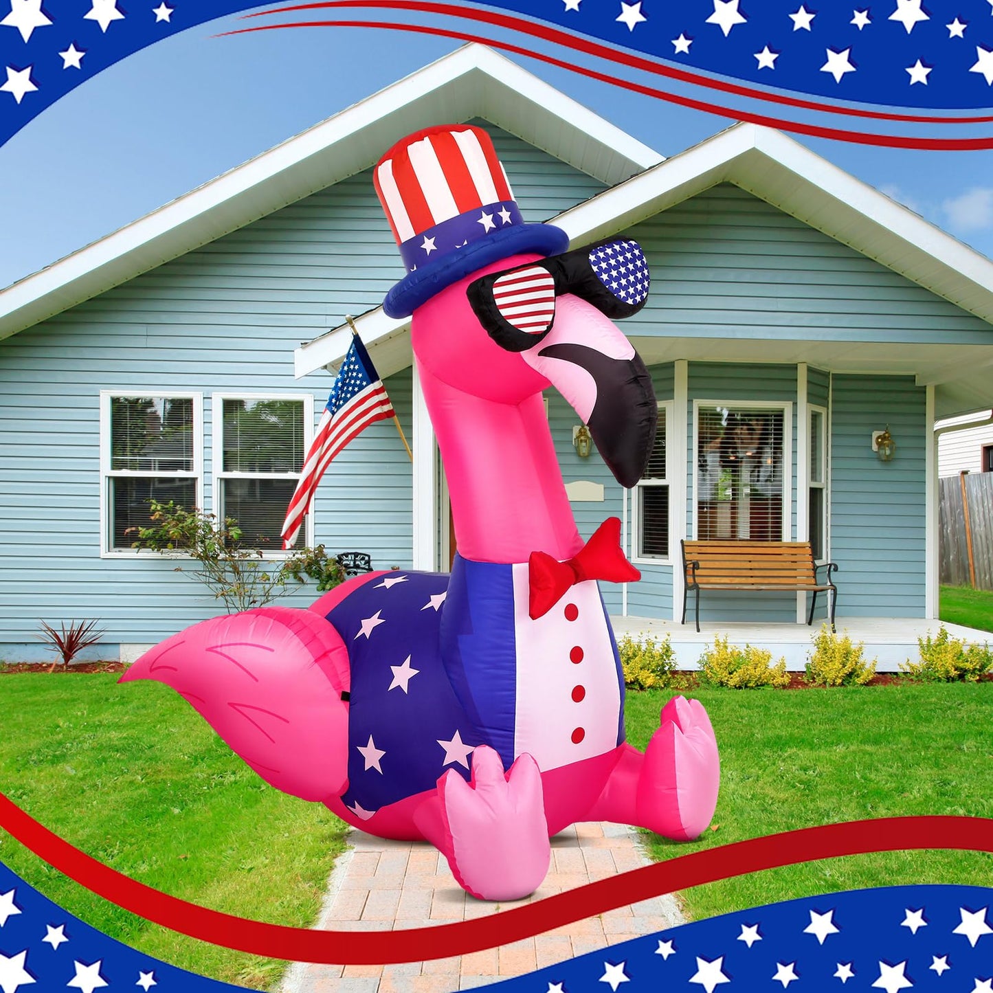 Leyndo 5 ft 4th of July Inflatables Outdoor Decorations Flamingo Patriotic Inflatables Independence Day Blow up with Built-in LEDs Lights for Yard Garden Lawn Memorial Holiday Party Decor