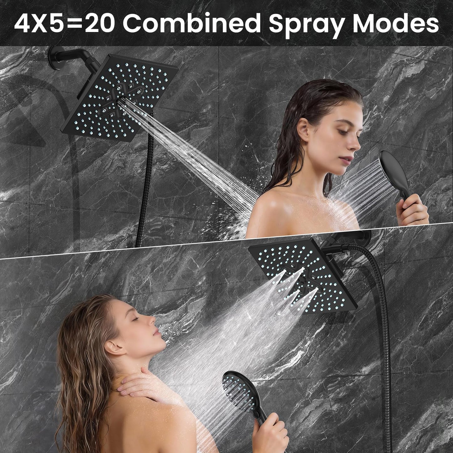 Veken High Pressure Rain Shower Head with Handheld, Multi-Functions Square Rainfall Shower Heads with 5-Mode Handheld Spray Combo, Detachable Hand Held Showerhead, Dual Matte Black Regaderas Para