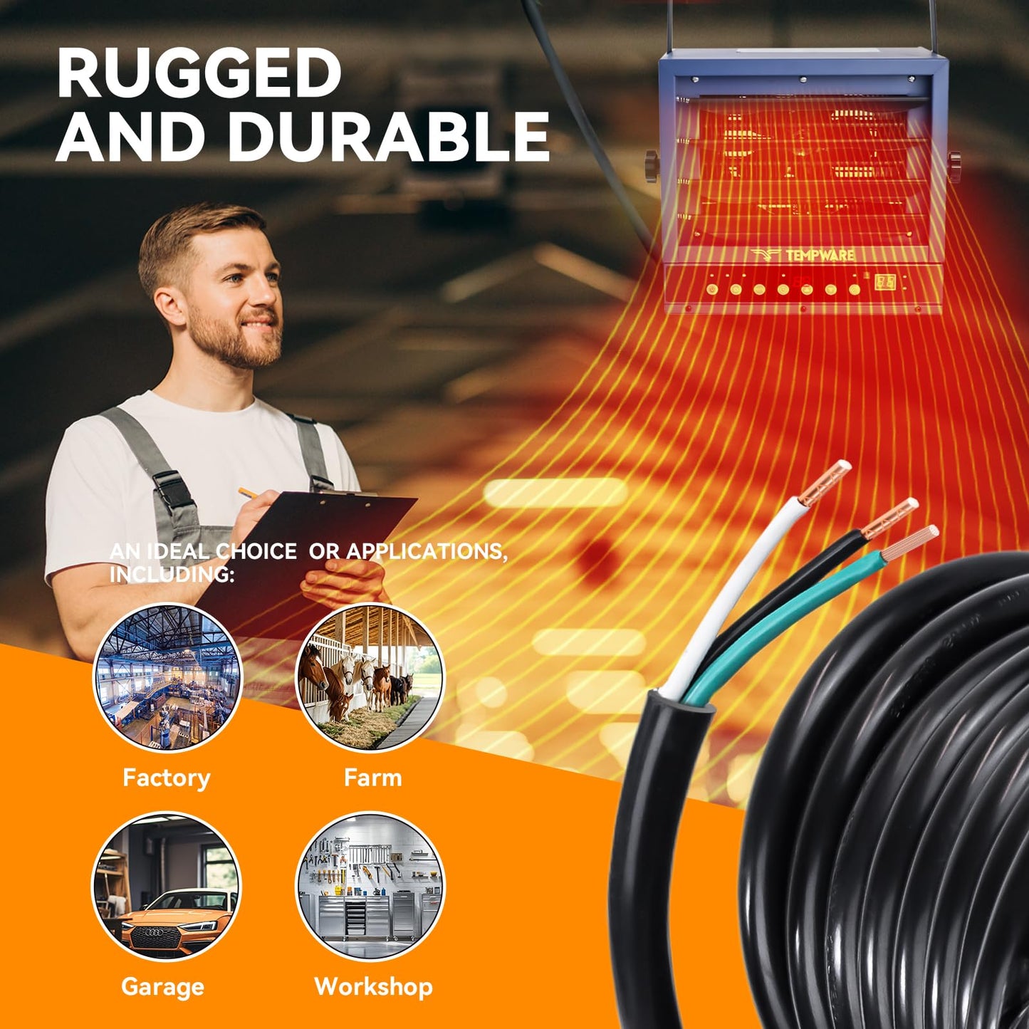 15FT 8 AWG 3 Prong Replacement Power Cord with N6-50P Plug, Heavy Duty 40AMP 250V Extension Cable with Pigtail Open Wiring End - Suitable for TEMPWARE 7500W Electric Garage Heater