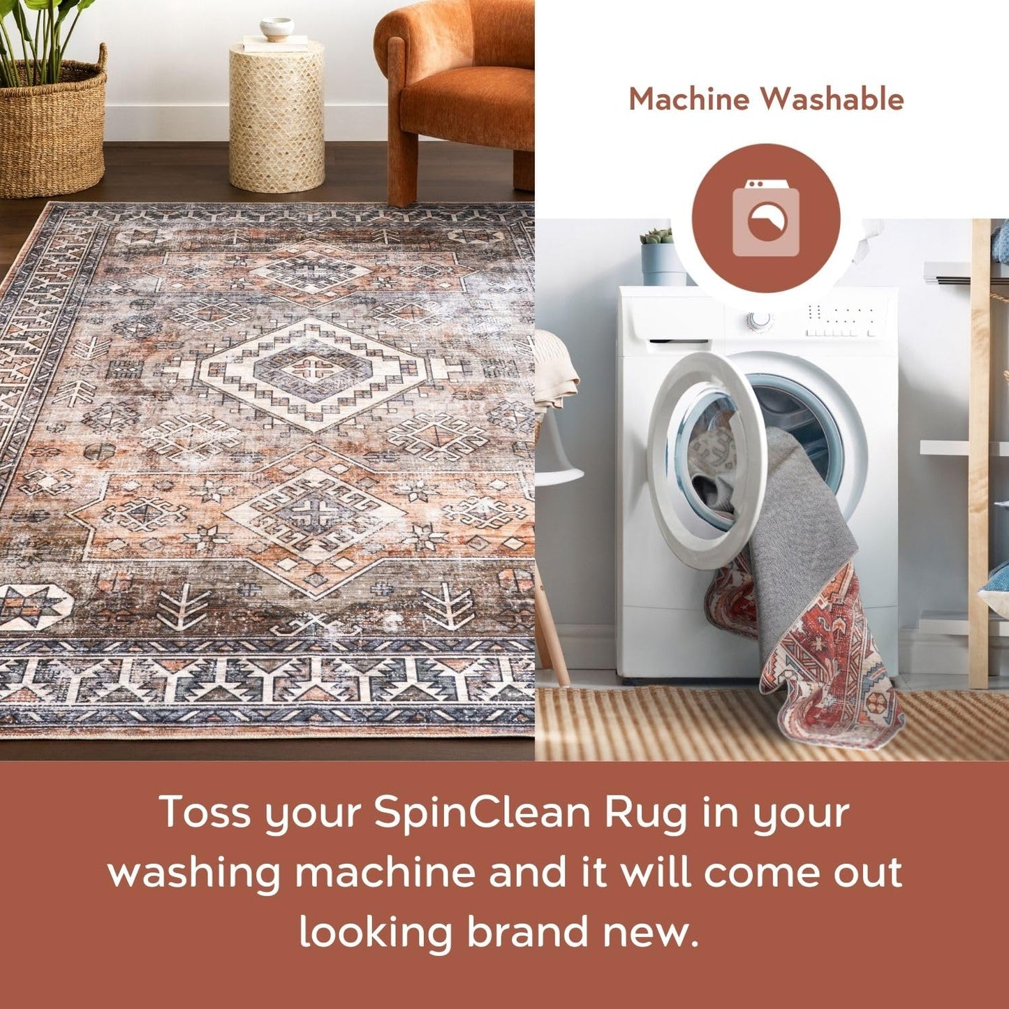 nuLOOM 4' x 6' Machine Washable Stain-Resistant Area Rug with Non Slip Backing, Low Profile for Living Room, Bedroom, and Dining Room, Bowie Rust
