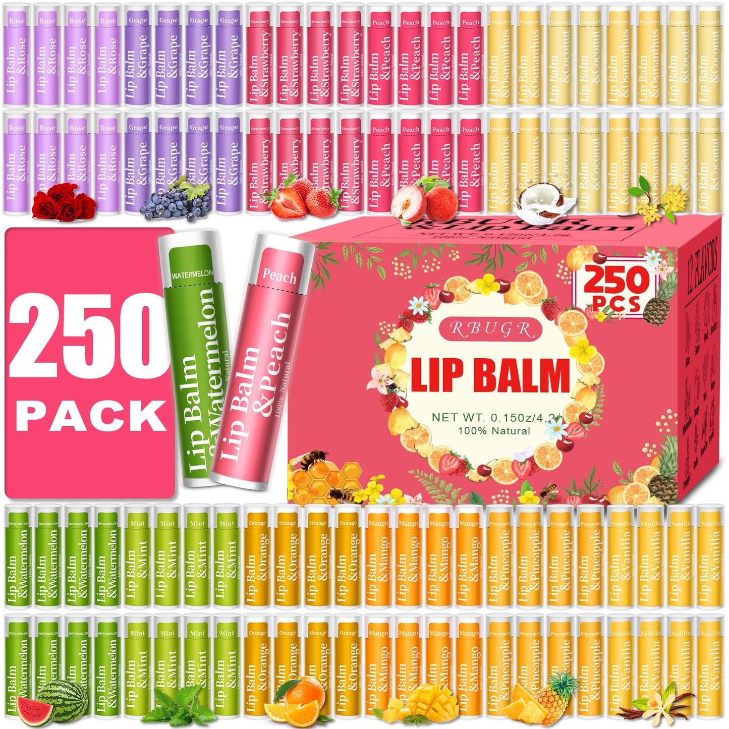 RBUGR 250 Pcs Lip Balm Bulk,12 Fruit Flavored Natural Bulk Lip Balm, Lip Balms Pack with Vitamin E, Lip Balm Gift Set Women Stocking Stuffers Party Favors, Moisturizing&Soothing(4.2g/0.15oz)