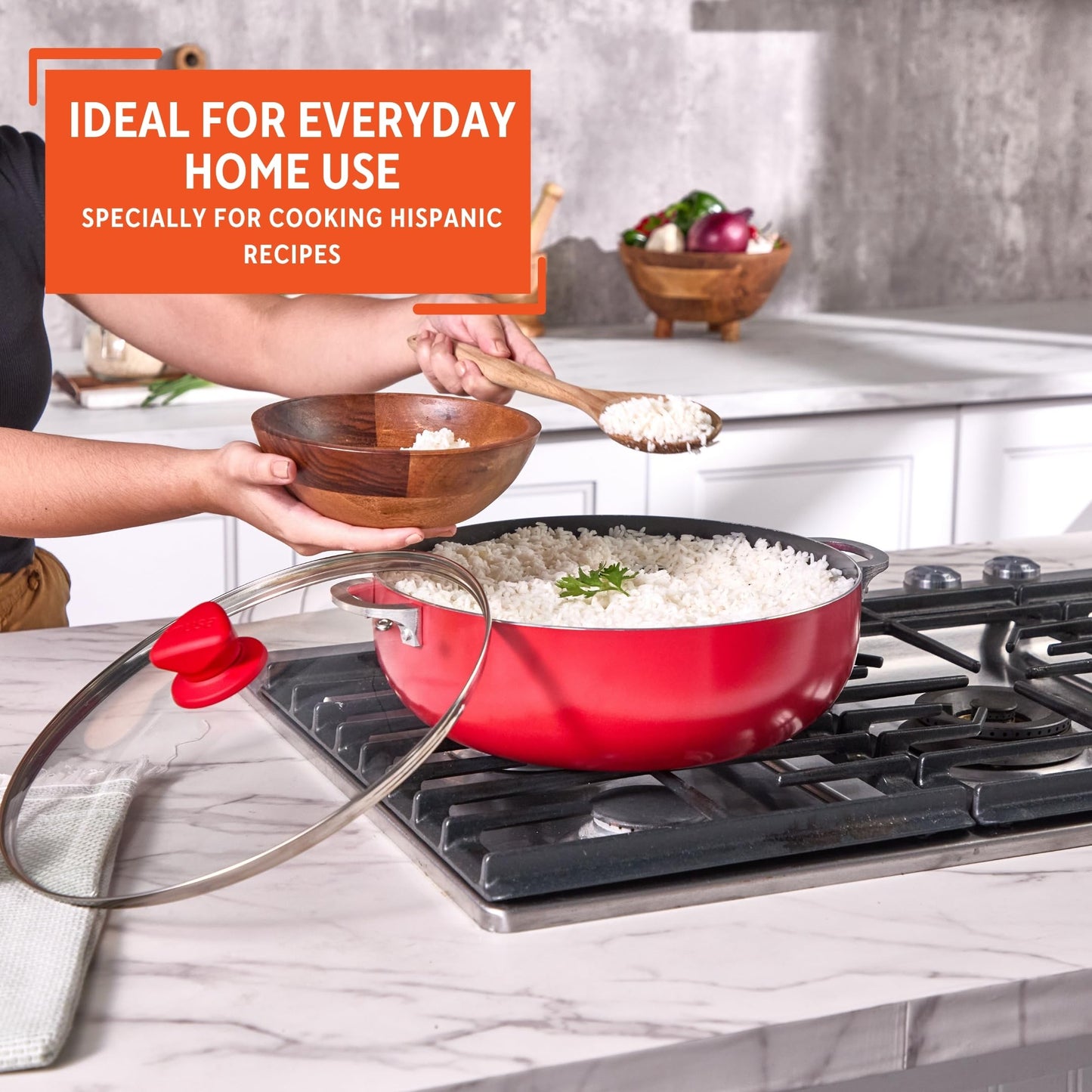 IMUSA 6.9 Qt Large Red Aluminum Dutch Oven Caldero with Black Ceramic Nonstick & Glass Lid – Big Rice, Stew, Cooking Pot for Soups, Beans, Braising & Traditional Hispanic Recipes