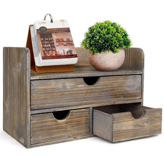 Besti Wooden Office Desk Organizer - Organizing Tool for Desktop, Cubicle, Bedroom, Kitchen - Vintage Style Organization Caddy with Top Tray Shelf & 3 Drawers - 13.6x9x7 Inches (Rustic)