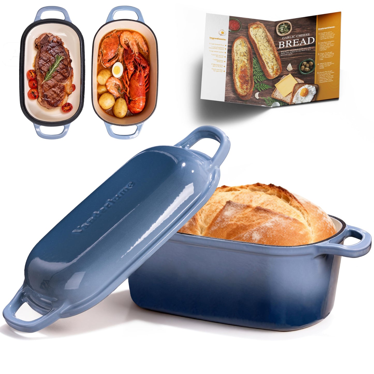 Vanderlume 4.6-Quart Oval Dutch Oven for Bread Baking, 2 in 1 Enameled Cast Iron Bread Pan with Lid, Sourdough Baking Pan for a Crispy Crust, Seasalt