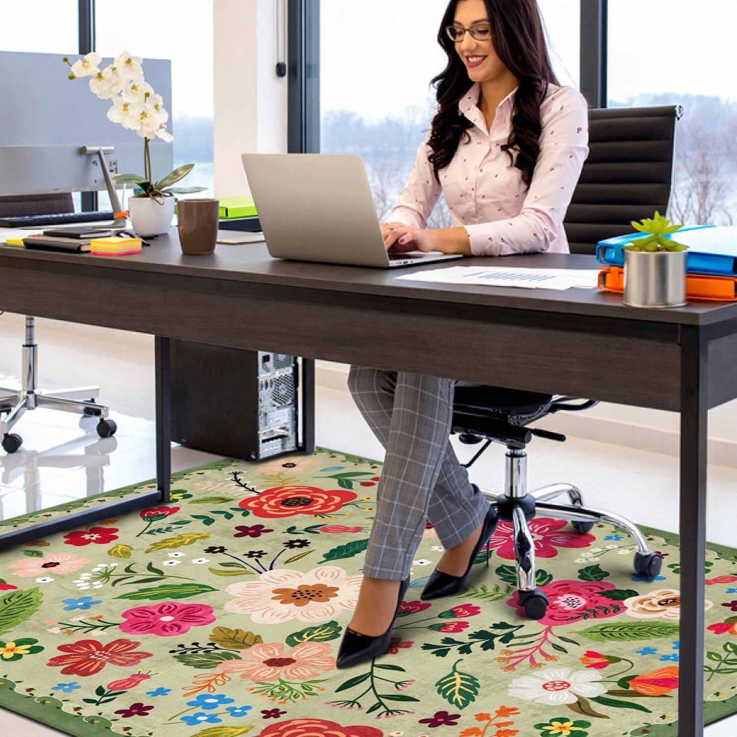 Office Chair Mat for Hardwood & Tile Floor,Boho Floral 36"x48" Office Computer Chair Mat for Rolling Chairs,Under Desk Non Slip Gaming Rug,Rubber Backing Large Low-Pile Carpet Protector Mat(Green)