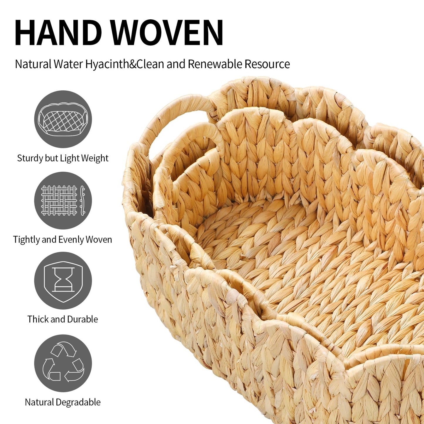 Coeusy Scalloped Basket,Water Hyacinth Basket for Organizing and Decor,Hand-Woven Rattan Baskets with Built-In Handles for Living Room,Bedroom,Laundry,2 Pack