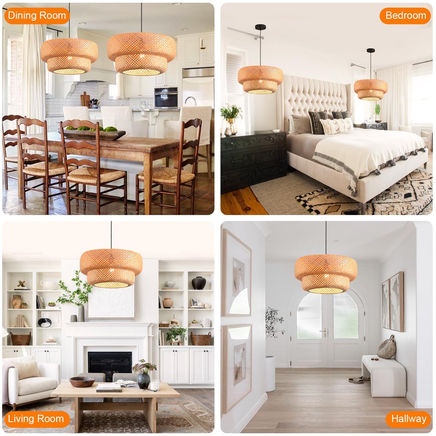 HUAHENGHAO 18.12 Inch Boho Bamboo Chandelier Hand Woven Dining Room Lights Wicker Hanging Lighting Fixtures for Living Room Kitchen Bedroom Coffee Restaurant Hallway