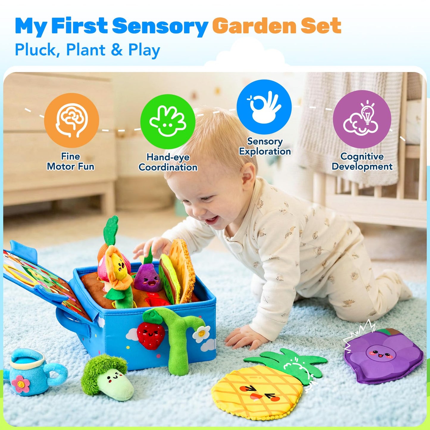 Baby Toys 6-12 Months, Montessori Sensory Garden Plush Set Vegetable Fruits, Baby Developmental Learning Toys with Rattle Squeaker Mirror Texture Tissue, Gifts for 6+ Month Old Boy Girl Christmas
