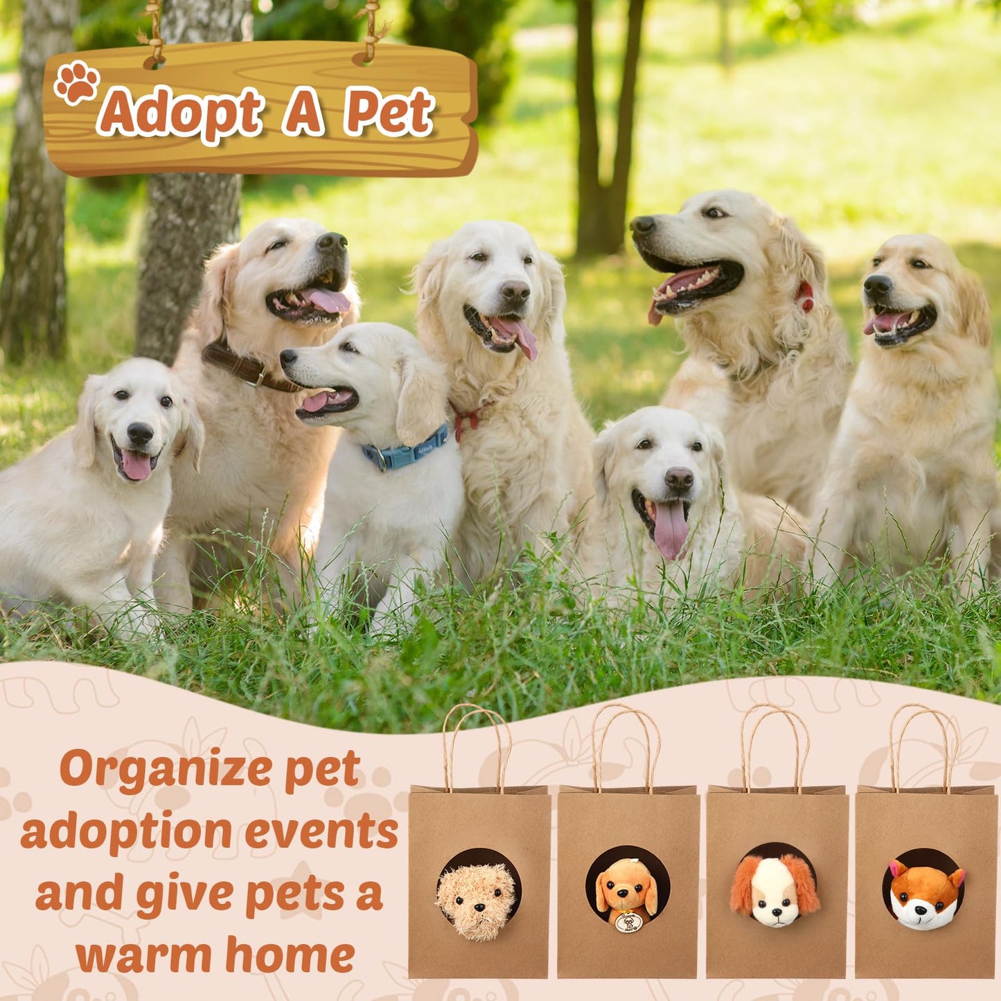 Arrowbash 36 Pcs Puppy Birthday Party Favor Mini Plush Stuffed Animal Dog Set with 10 White Plastic Fence 12 Kraft Paper Gift Bags Wooden Chalkboard Sign for Adopt a Pet Dog Birthday(Classic)