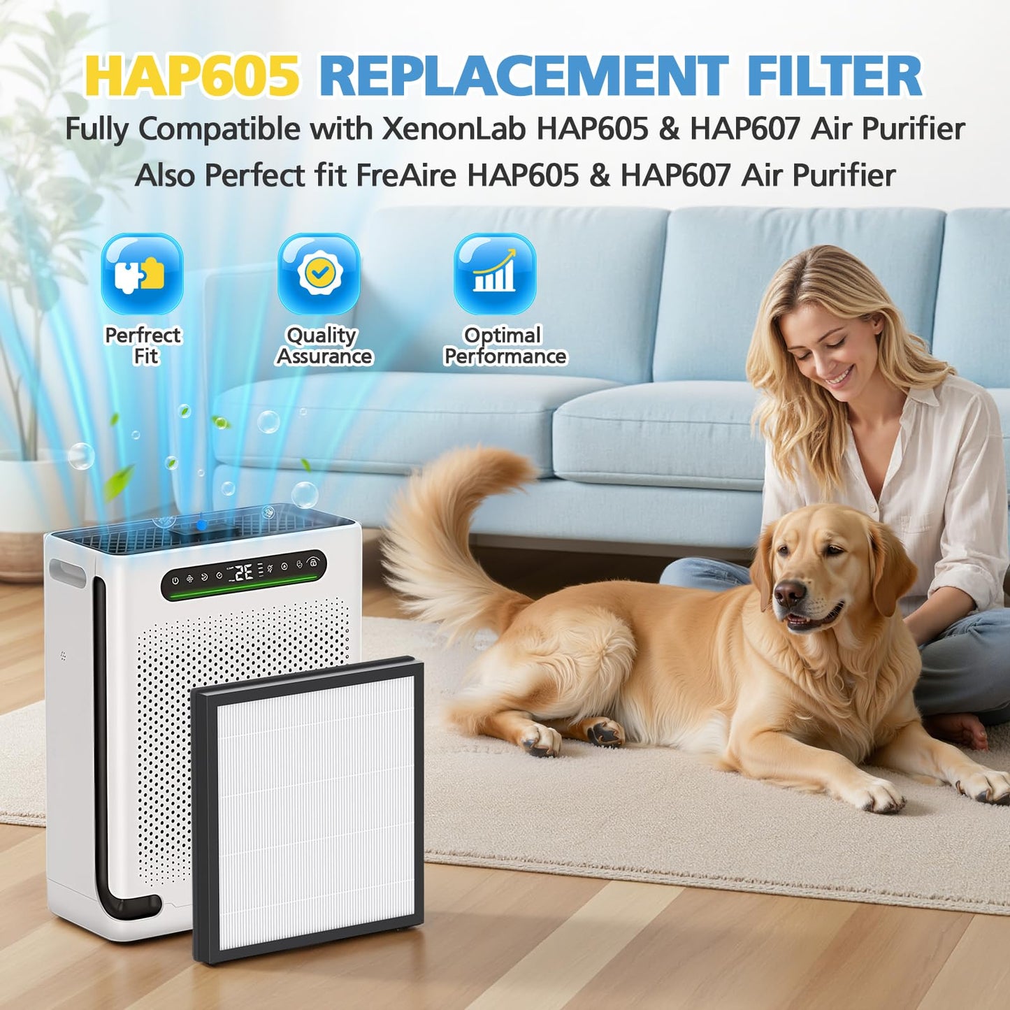 4 Pack HAP605 Air Purifier Filter, Air Purifier Replacement Filter for XenonLab HAP605 HAP607 & FreAire HAP605 HAP607, 3-in-1 High-Efficiency Activated Carbon Filters for HAP607/HAP605 Air Purifier