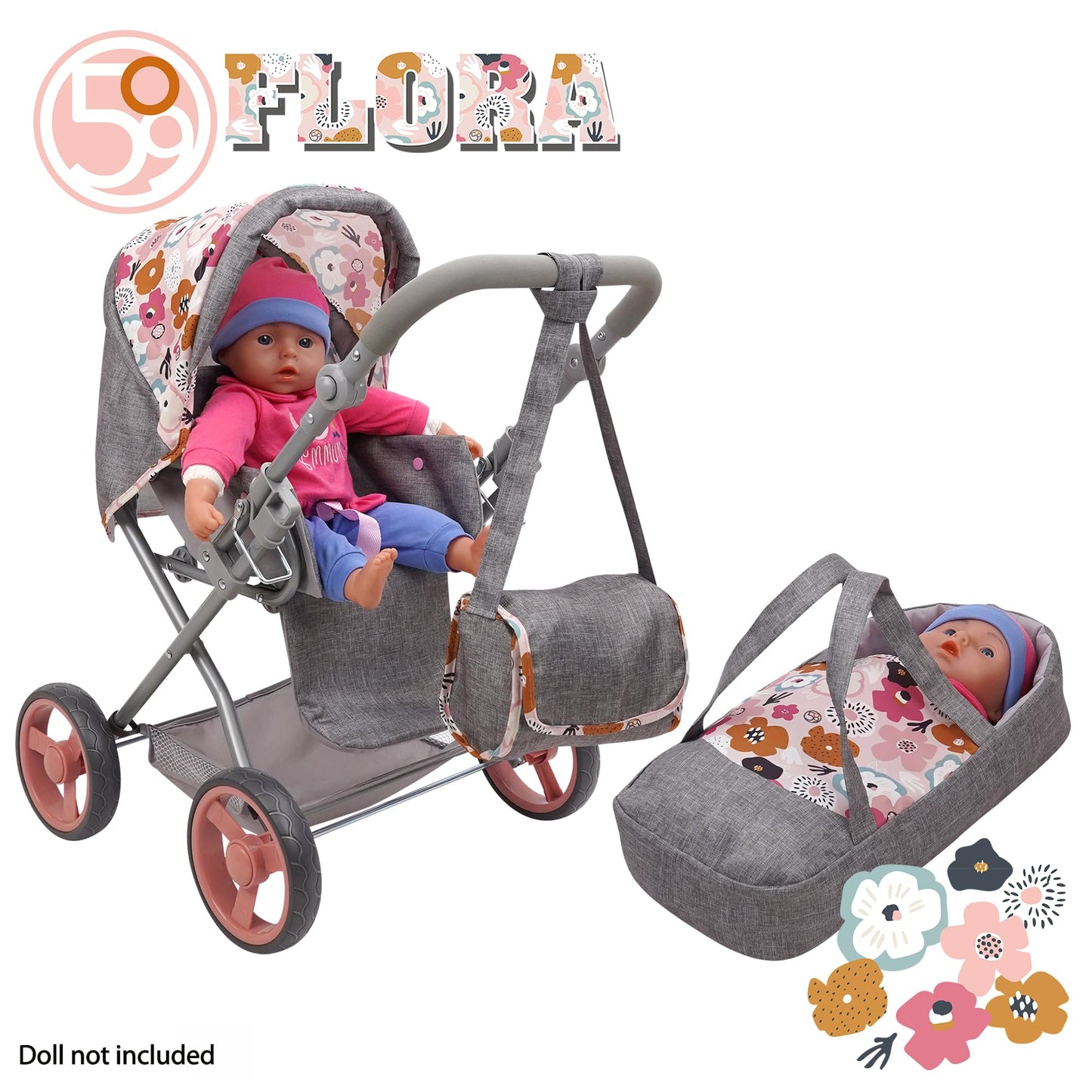509 Crew: Melange Flora - Kelly Deluxe Doll Pram - Matching Bag, Removable Carrycot, Large Canopy, Shopping Basket, Doll Accessory, Kids Toy, Ages 3+
