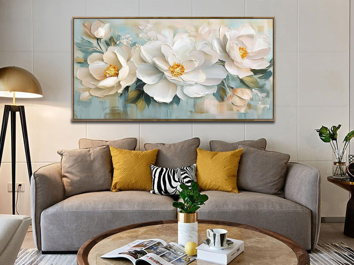 Enartly White Flowers Framed Wall Art for Living Room, 3D Textured Floral Canvas Painting Sage Florals Picture Artwork for Bedroom Dining Room Kitchen Home Office Wall Decor, 40"x20"