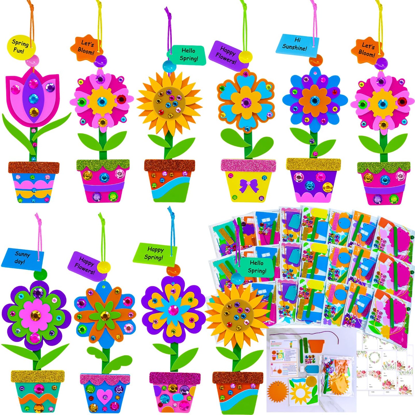 Winlyn 24 Sets Spring Potted Flower Craft Kits Kids Crafts DIY Potted Flower Ornaments Decorations Art Set Spring Flower Tulip Sunflower Stickers for Home Classroom Activities Party Favors