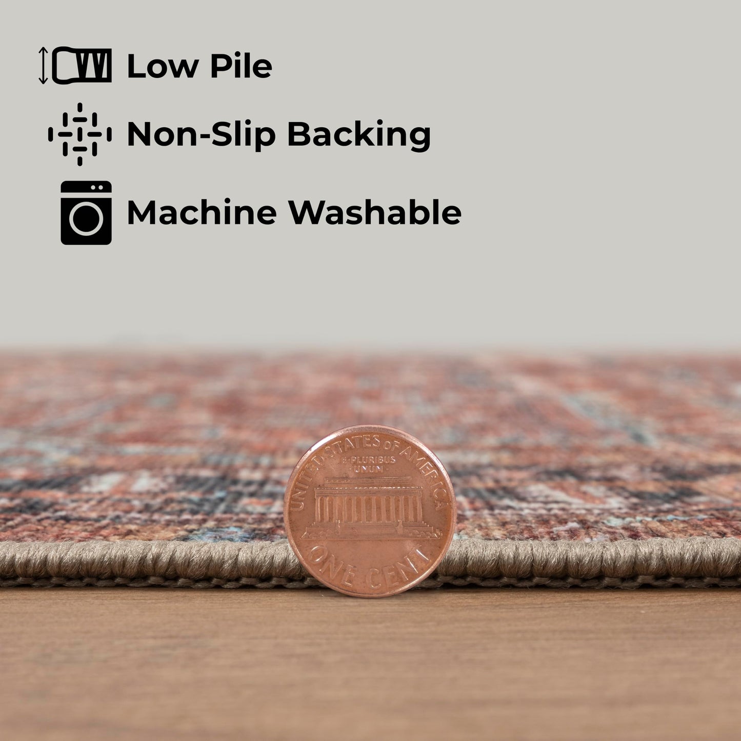 GLN Rugs Traditional Collection - Machine Washable Area Rug, Traditional Washable, Non Slip, Low Pile Chenille Rug, Living Room, Bedroom, Kitchen Rug (2'6"x7' Terra Cotta)