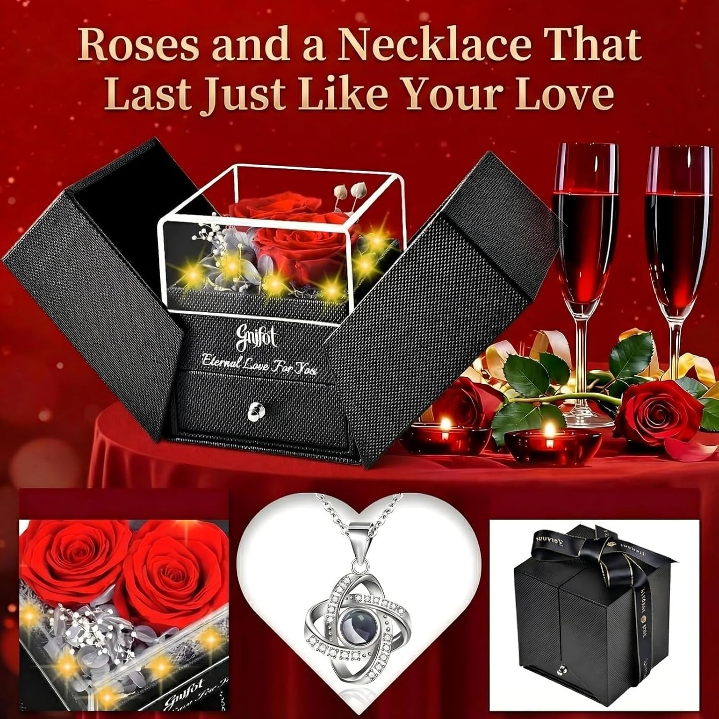 Gnifot Preserved Red Real Rose with I Love You in 100 Languages Necklace,Eternal Flowers Gifts for Women Wife Girlfriend Mom Grandma on Birthday Anniversary Valentines Mothers Day Christmas,Red Rose