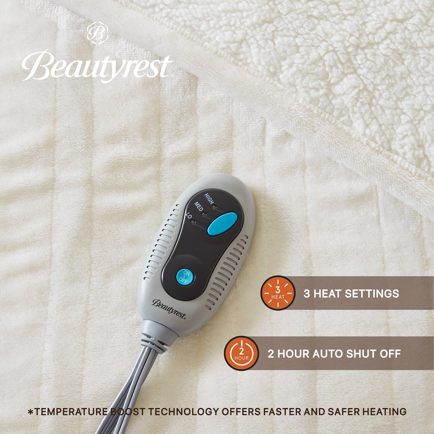 Beautyrest Heated Blanket, Eletric Throw Blanket, Soft, Warm, Reversible Plush - Sherpa Heating Blanket Throw for Office, Couch, 3 Heat Settings, 2 hr Auto Shut Off, Machine Washable, 50 x 60 Ivory