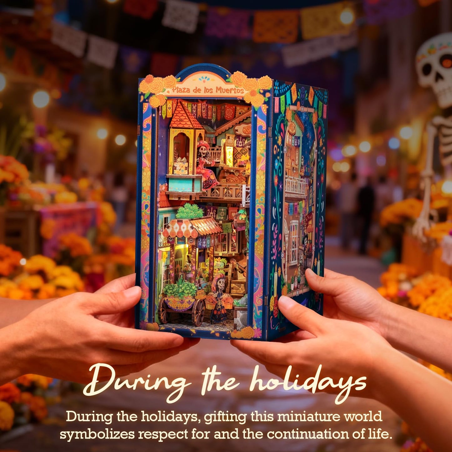 Cutefun DIY Book Nook Kits for Adults Mexican Art and Culture, Decorative Bookends for Bookshelf with LED Light & Dust Cover, 3D Wooden Puzzle Booknook for Teens Creative Gifts (Plaza de Los Muertos)