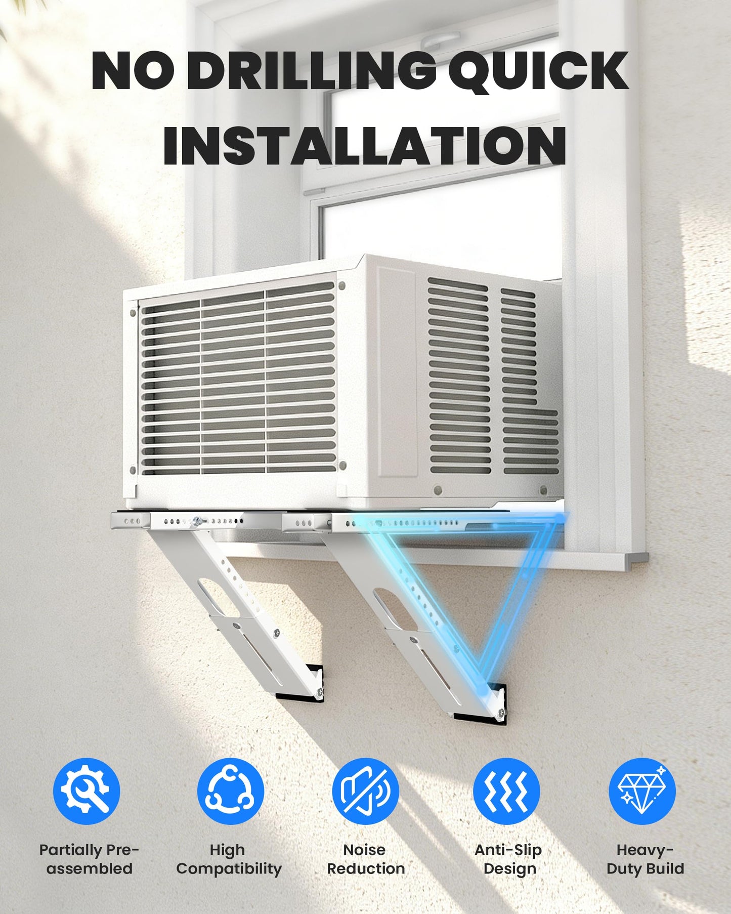 Toutgood Window AC Bracket No Drilling, Heavy Duty Drilless Window Air Conditioner Support Brackets with 2 Arms, A/C Holder for 5000 Btu to 24000 Btu Outdoor AC Window Units, Max 350 Lb Capacity