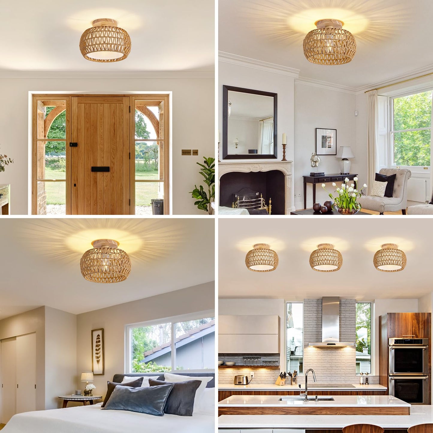 Rattan Ceiling Light Fixture，3 Style Options Boho Flush Mount Ceiling Lights, Hand-Woven Rattan Chandelier,Mini Bohemian Wicker Light Fixtures, Farmhouse Light Fixture for Bedroom Hallway Entryway