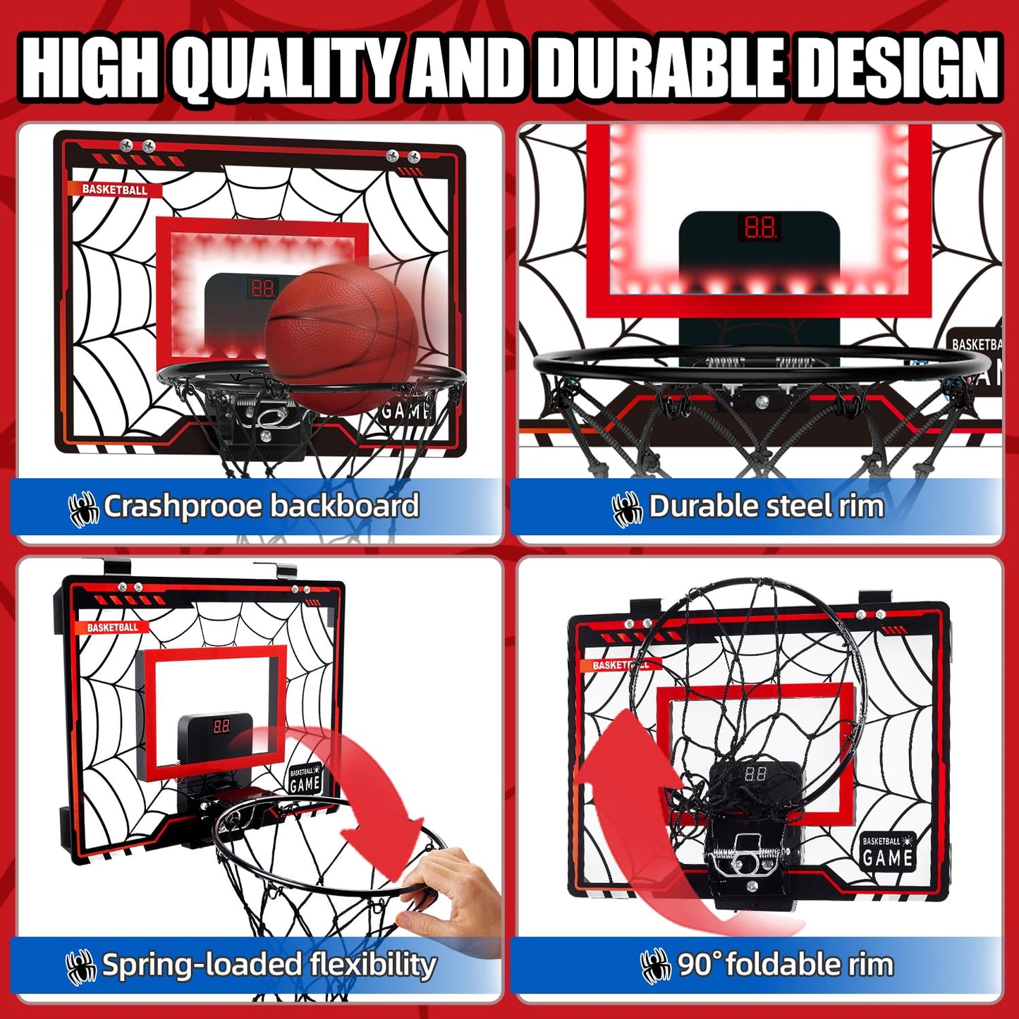 Basketball Hoop Indoor, Mini Basketball Hoop for Boys and Adults with Cool LED Lights Boys Gifts Basketball Toys Gifts Room Accessories for Teen Boy 8 9 10 11 12