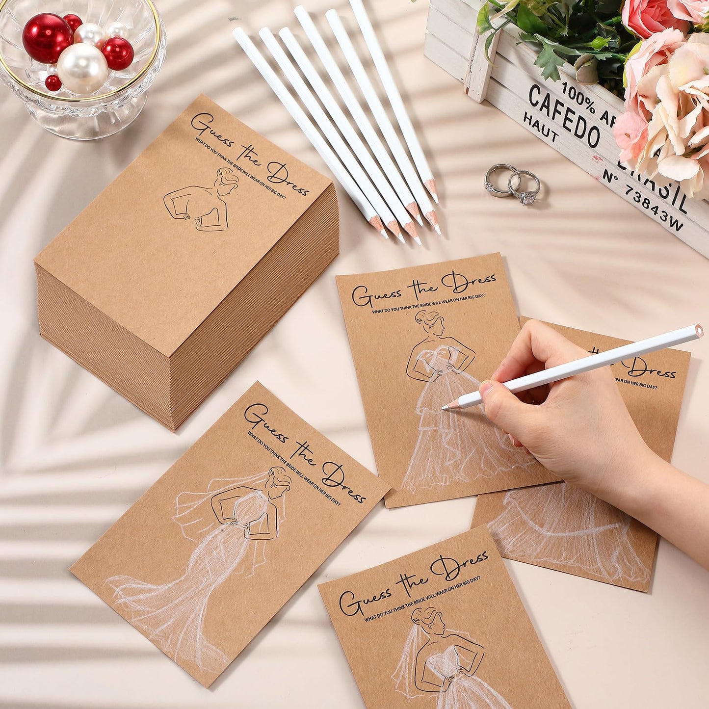 Sinload 60 Sets Guess the Dress Bridal Shower Games for Guests Include 60 Pcs Wedding Shower Games Cards and 60 Pcs Pencils Fun Wedding Party Supplies Games Ideas (Brown,Long Pencil)