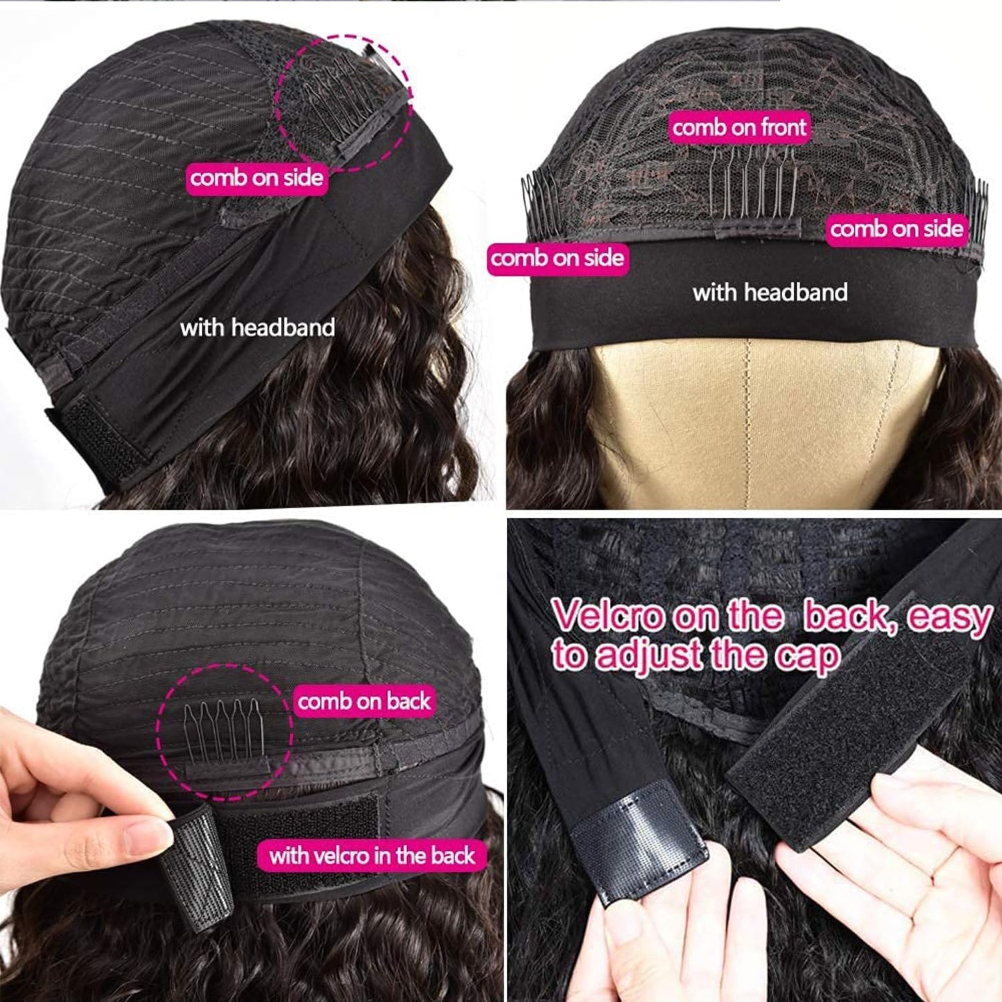 Youngirl Deep Wave Headband Wig Human Hair 14 Inch Curly Headband Wigs for Black Women Human Hair Glueless None Lace Front Wigs Brazilian Virgin Hair Wig Machine Made 150% Density Natural Black Color