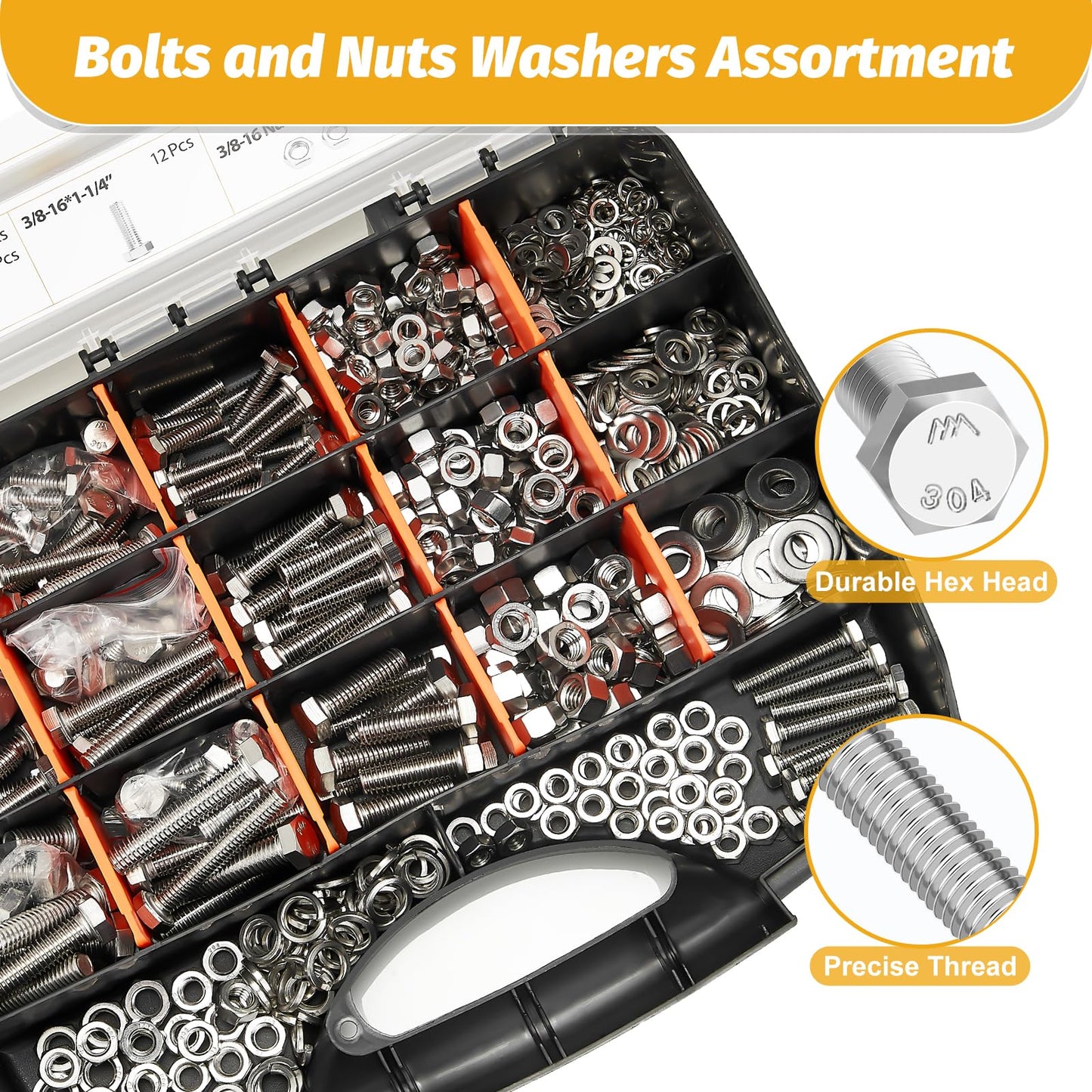 Kadrick 744Pcs 18-8(304) Stainless Steel Hex Bolts Assortment,1/4-20 5/16-18 3/8-16 Heavy Duty Bolts and Nuts Kit, Assorted SAE Bolts Nuts Flat&Lock Washers,Lenth Form 1/2''-2''