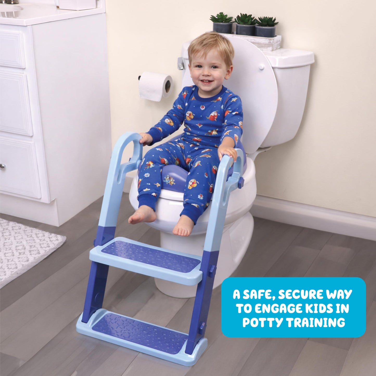 Bluey Step & Sit Potty Trainer; Secure Ladder for Kid-Safe Climbs to Potty; Fun Bluey Images on Cushioned Potty Seat; Adjustable Ladder Height; Removable Seat for Cleaning; Folds for Storage