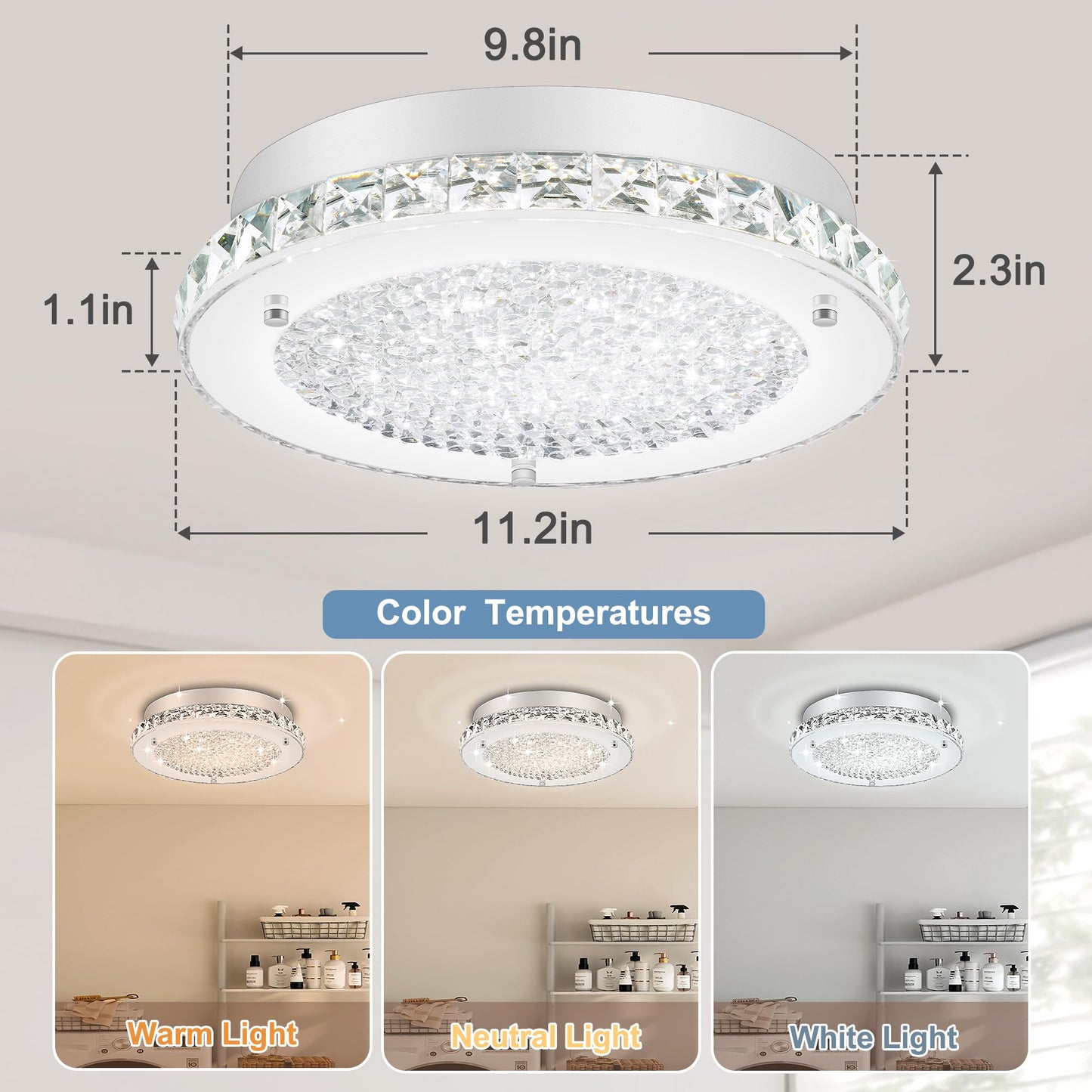 DHK wot Crystal Flush Mount Ceiling Light 3000/4000/5000K Modern Crystal Light Fixtures Ceiling Mount for Bathroom Hallway Porch Laundry Room Cloakroom 11", LED, Dimmable