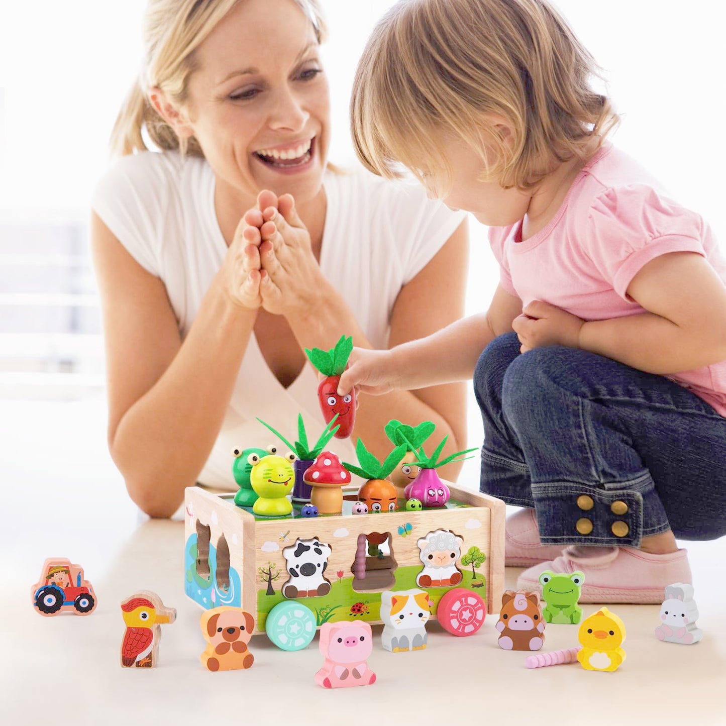 Montessori Wooden Toddler Toys for 1 2 3 Years Old Boys Girls, Shape Sorting Toys First Birthday Gifts for 1-2 Years, Wood Animal Farm Car Preschool Educational Fine Motor Skills Toy
