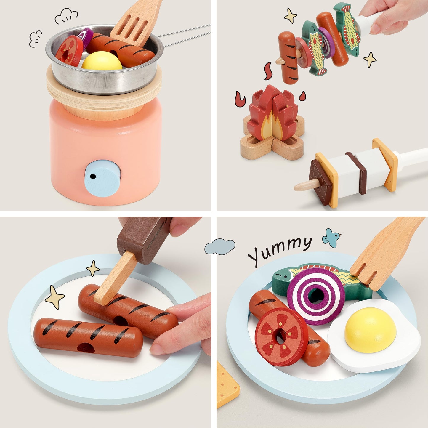 Pillowhale Wooden Campfire Playset – 25-Piece Kids S’Mores & Grill Pretend Camping Kitchen Toy, Glow-Look Fire, Skewers, Pan & Food, STEM Screen-Free Outdoor BBQ Gift for Boys & Girls Age 3+