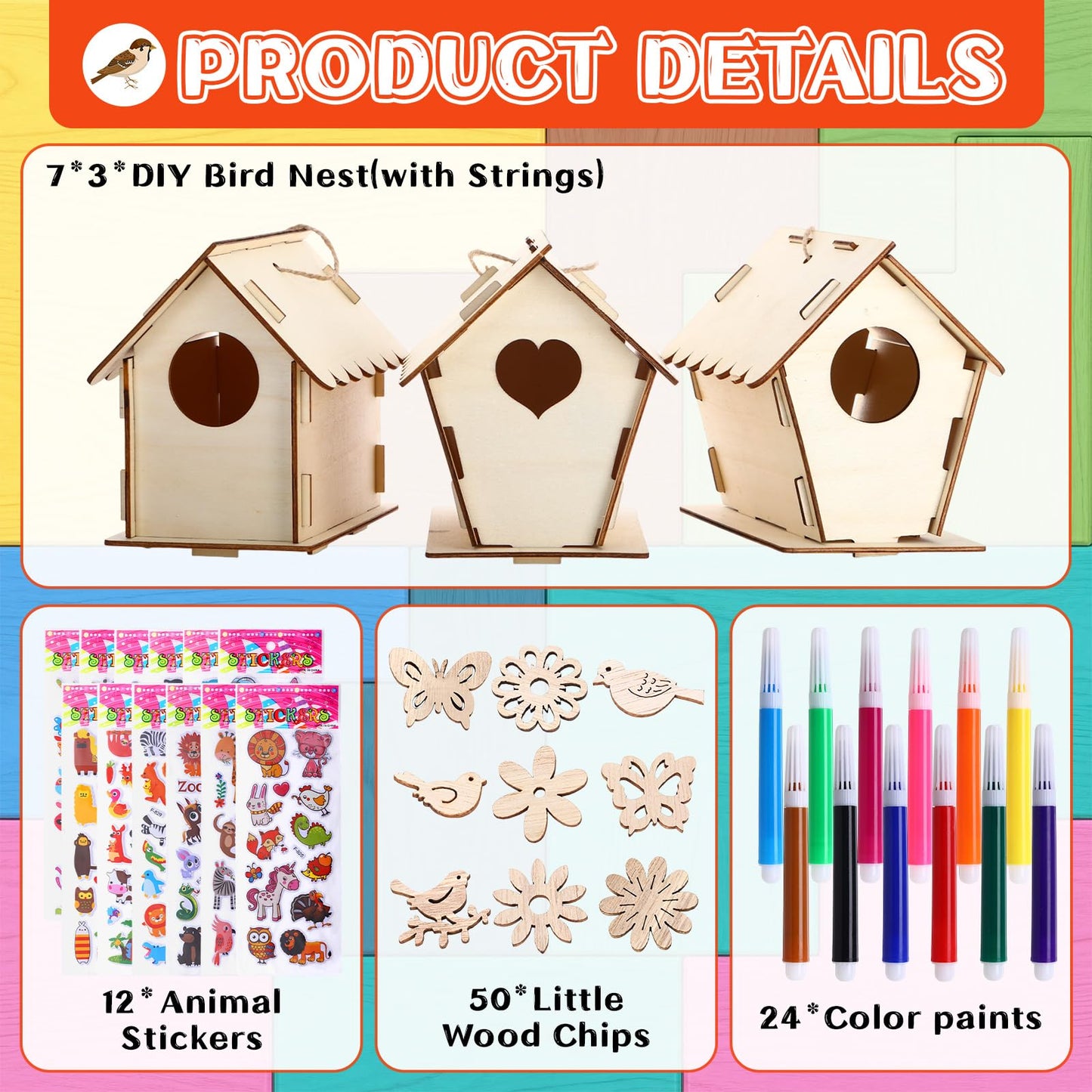 Tuanse 107 Pcs Wooden Birdhouse DIY Kits Includes 21 Unfinished Wood Mini Bird House 24 Watercolor Pen 50 Bird Butterfly Flower Slices 12 Animal Stickers for Adults DIY Craft Making Supplies (Classic)