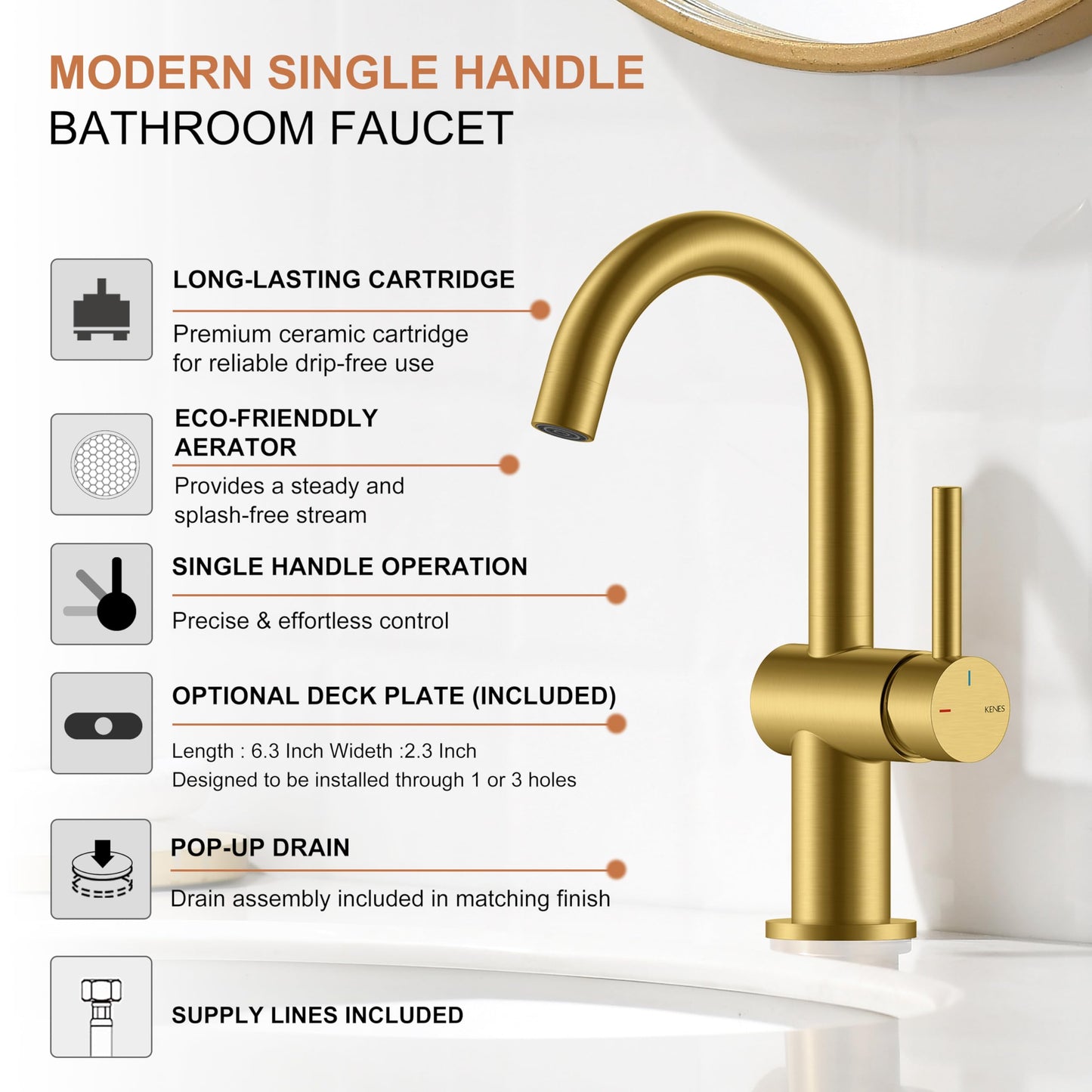 KENES Brushed Gold Single Handle Bathroom Faucets Modern Prep Wet Bar Sink Faucets Bathroom Sink Faucet with Drain Assembly & Deck Plate, Farmhouse RV Camper Outdoor Utility Faucet, KE-9005B-4