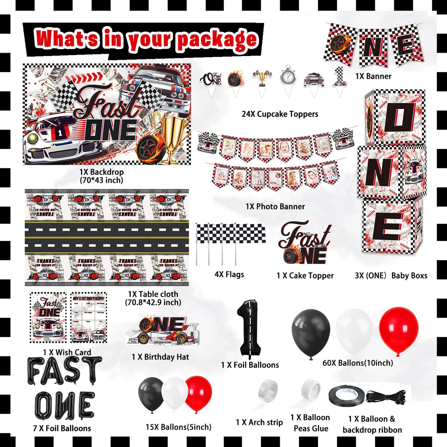 LXlucktim Fast One Birthday Decorations, 125 Pcs Race Car First 1st Birthday Party Supplies for Boys Baby - Banner, Cake Toppers, Balloons, Tablecloth, Centerpieces, Crown, Poster, Baby Boxes