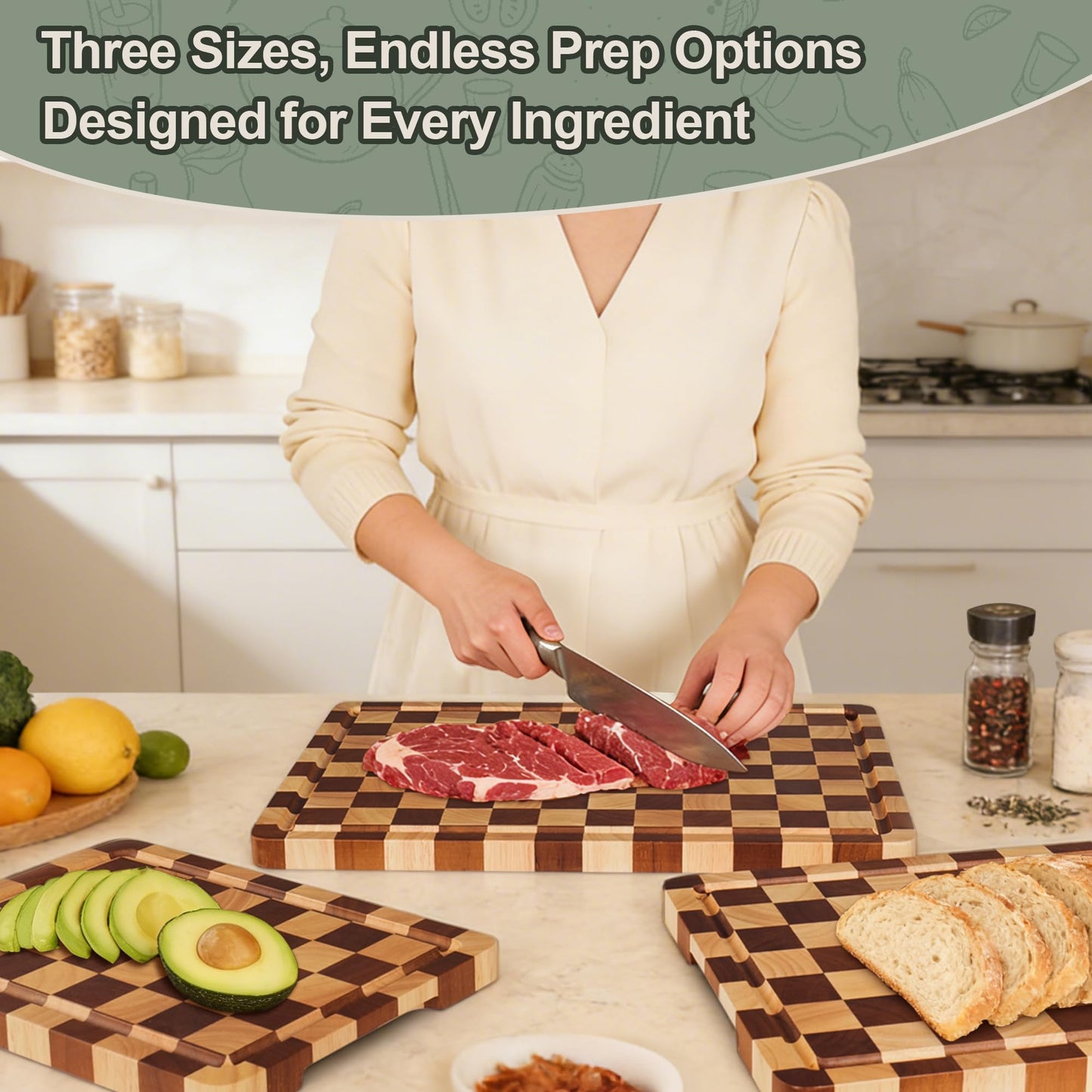 Checkered Cutting Board Set, 3-Piece Wood Checkerboard Cutting Boards for Kitchen with Stand, Chopping Board Set with Juice Groove & Handle for Meat, Vegetables, Cheese & Serving