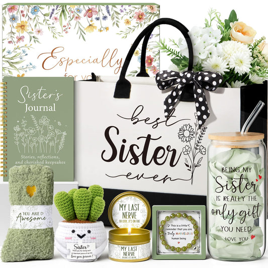 Best Sisters Gifts from Sister, Mothers Day Birthday Gifts for Sisters Gift from Brother, Funny Sister-in-Law Unique Soul Sis Gift Basket for Best Friends with Canvas Tote Bag 16Oz Can Glass Cup
